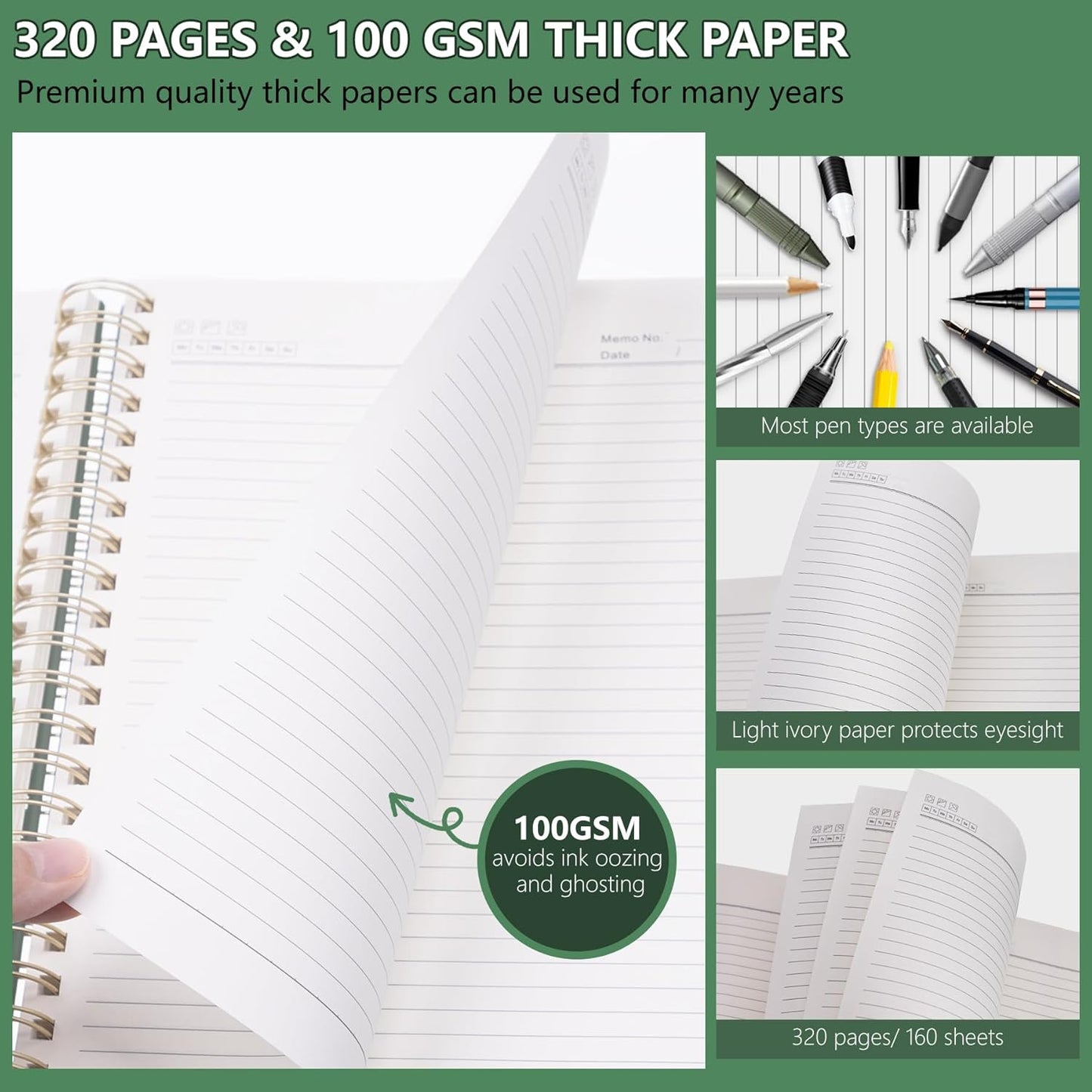 HAUTOCO Spiral Notebook Journal 8.5X 11", College Ruled Leather Notebook with 320 Pages, 100 GSM Paper, A4 Hardcover Notebook, Lined Journaling Notebooks for Work Office School Business, Olive Green