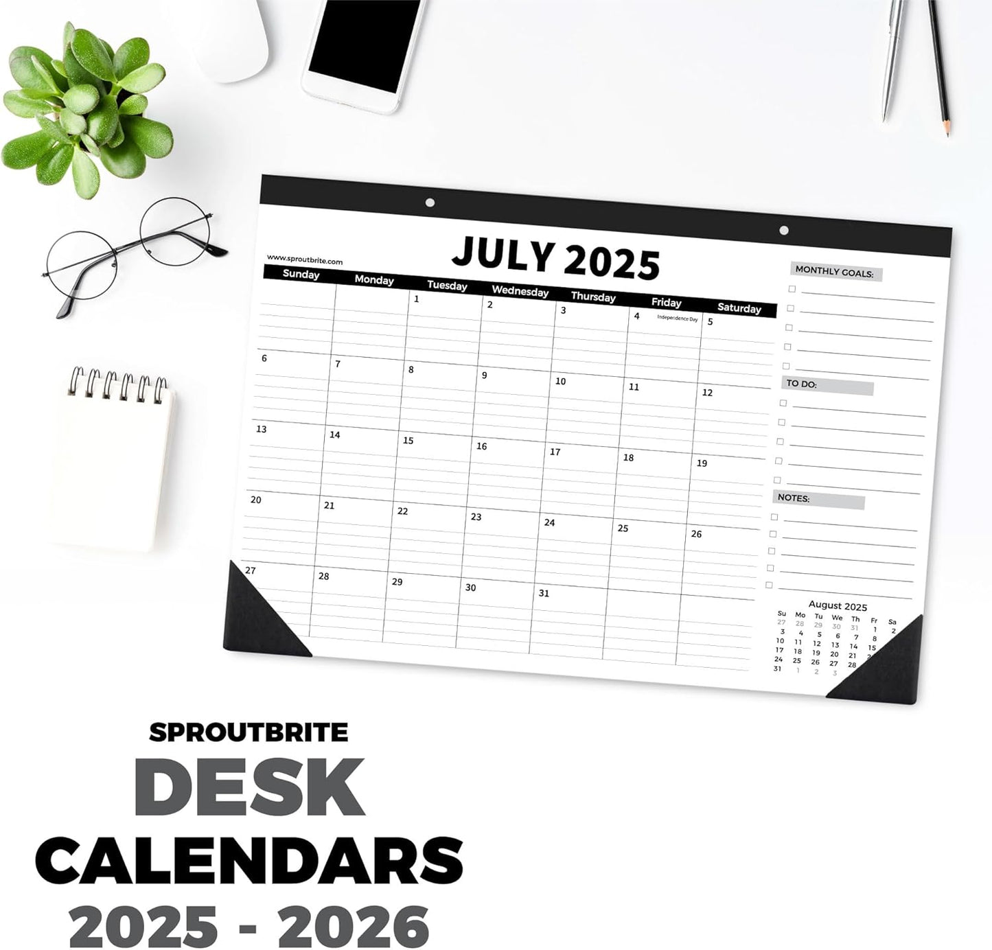 Sproutbrite 18 Month Desk Calendar 17" x 11.5" Medium Size Desktop Monthly Planner with To-Do List and Notes, Home, Office School Desk Calendar (July 1 PACK)