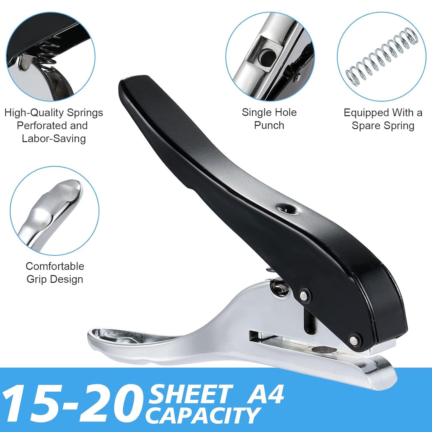 Single Hole Punch - Heavy Duty Paper Puncher for Tags, Cards, Plastic, Cardboard - Portable Hand Held
