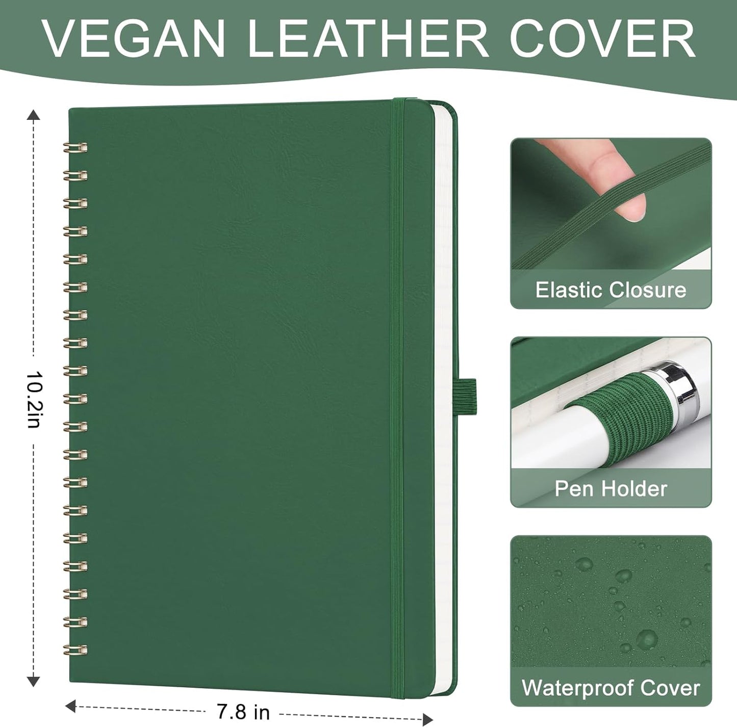 AHGXG Lined Spiral Journal Notebook, B5 Large Notebooks for Women Men, 140 Pages Hardcover Leather Notebook College Ruled, 100 GSM Paper, Notebooks for Work School Note Taking, 7.6" x 10", Green