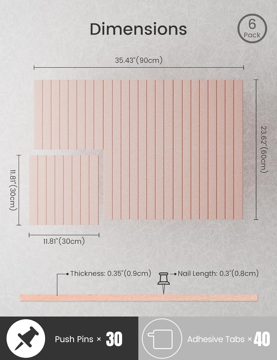 Bumusty Large Cork Board Alternative-36 x24 Felt Bulletin Board Tiles, with 30 Pushpins, 40 Adhesive Tabs, 6-Pack Slat Wall Paneling, Cork Boards for Office Push Pin Board Felt Board-Coral