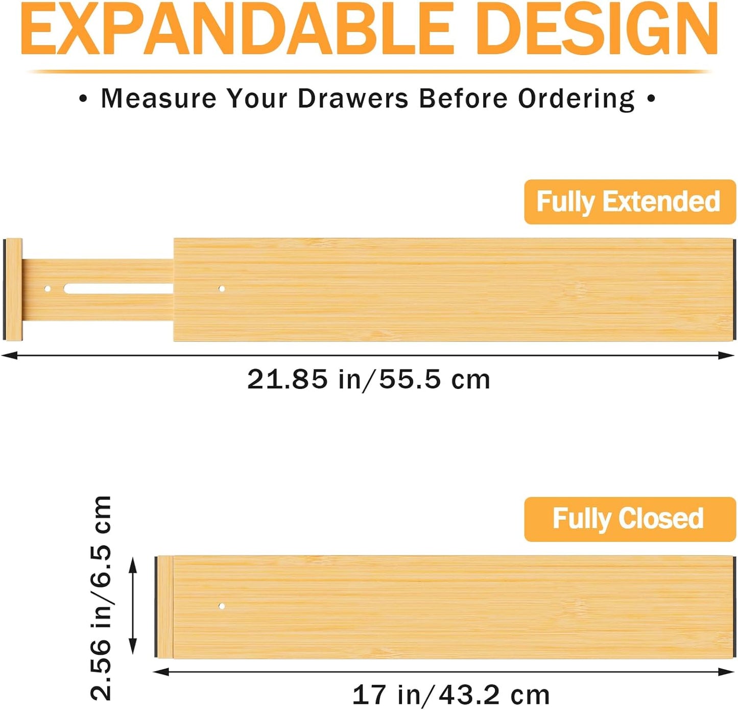 BAMBUROBA Bamboo Drawer Dividers, Adjustable Expandable Drawer Organization Separators - 17-22" for Bedroom, Bathroom, Dresser and Office - 8-Pack