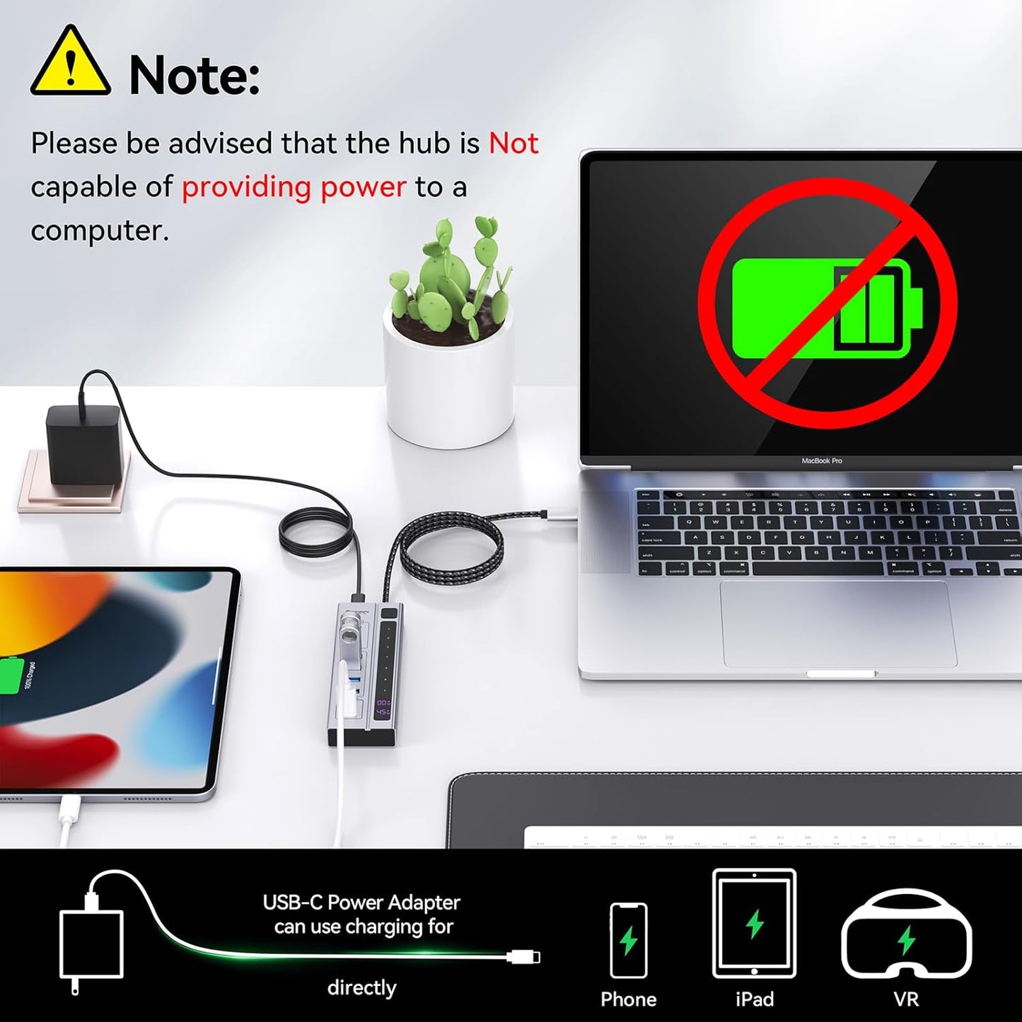 Minisopuru Powered USB C Hub – Support Max 45W Charging with 65W USB-C Power Adapter, 10Gbps, USBC Hub Charging for Meta Quest Pro, Steam, iPad Pro, iPhone, Watch (Not for Monitor)