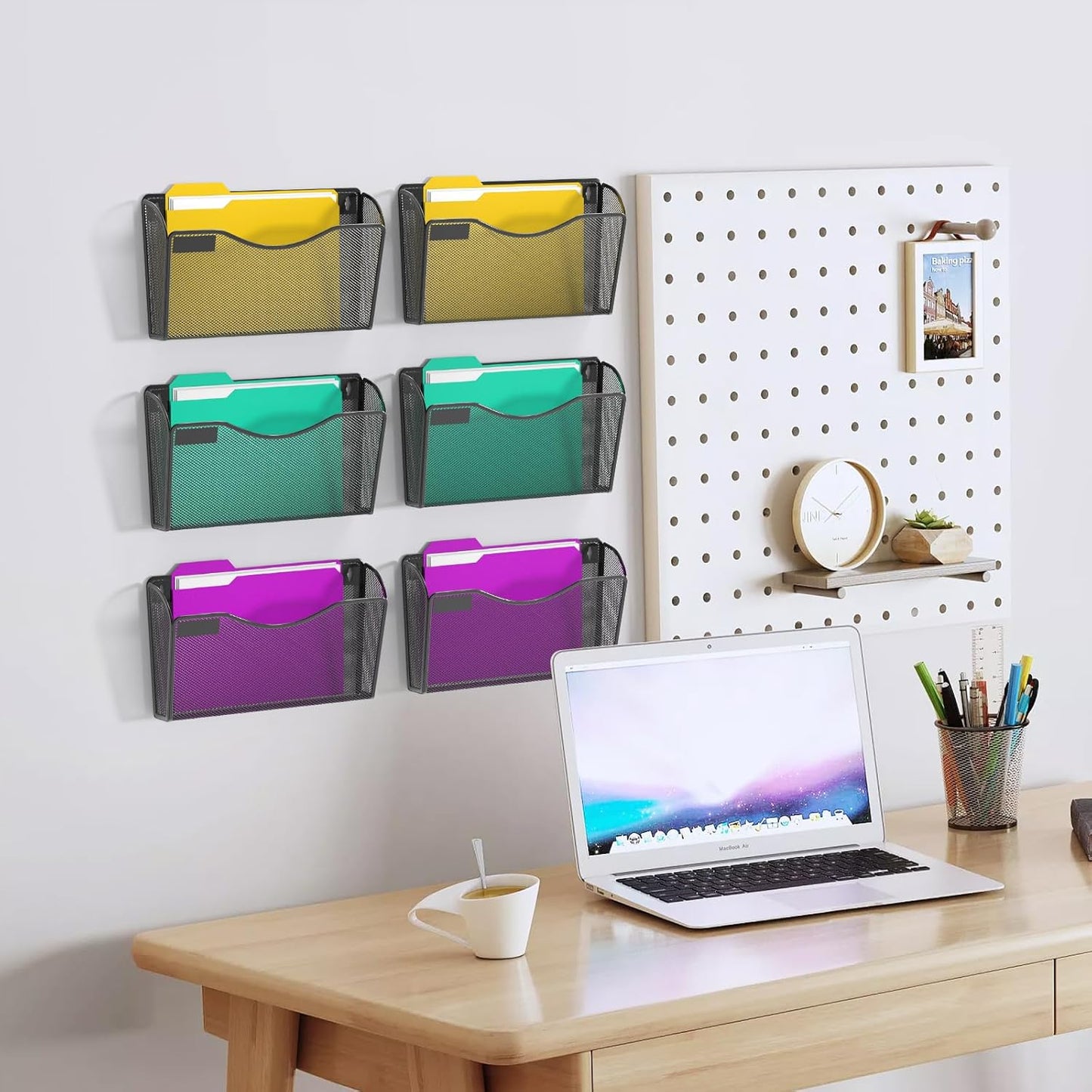 samstar 6 Pack Mesh Wall Mounted File Holder Metal Wall File Pocket Mail Organizer for Office/Home(with Label Panel)