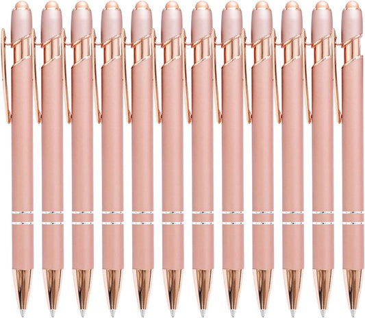 PASISIBICK 12 Pieces Rose Gold Ballpoint Pen with Stylus Tip, 2 in 1 Rose Gold Stylus Pens Stylish Pen, Metal Stylus Pen for Touch Screens, 1.0 mm Black Ink(Pack of 12)