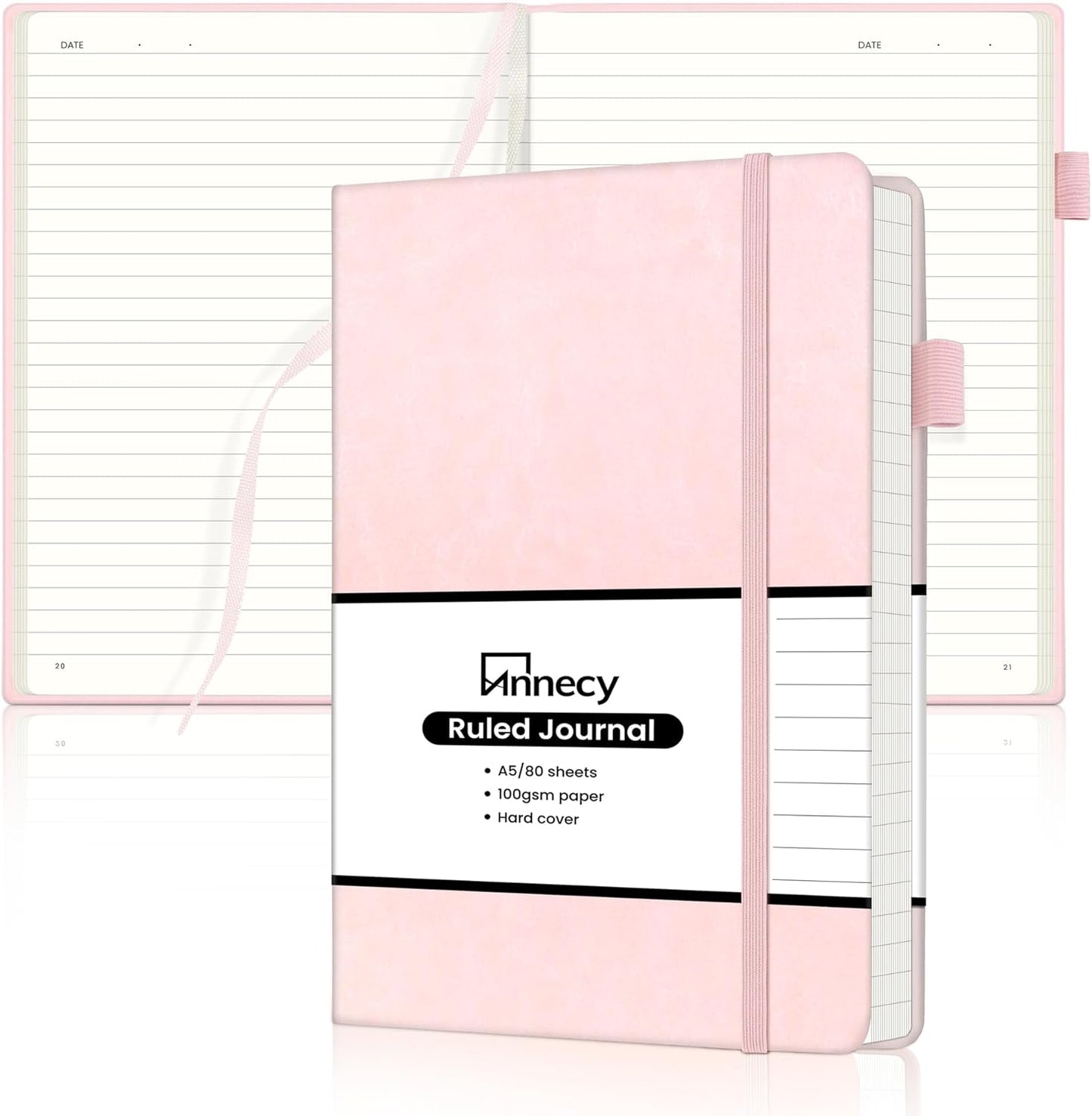 Annecy Numbered College Ruled Lined Journal Notebook, Medium 5.5x 8.25, 160 Pages 100GSM Writing Paper, A5 Pink Faux Leather Cover with Pen Loop