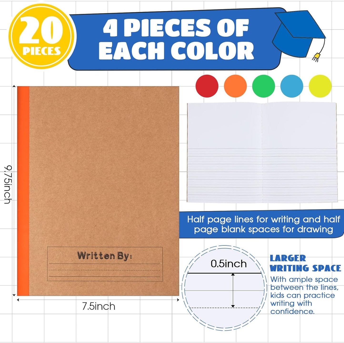 Henoyso 20 Pcs Primary Composition Notebook 9 3/4 x 7 1/2 Inch Kids Journal, Back to School Supplies, K-2 Primary Writing Notebook for Kids Student Draw and Write Story Journal (Bright Color)