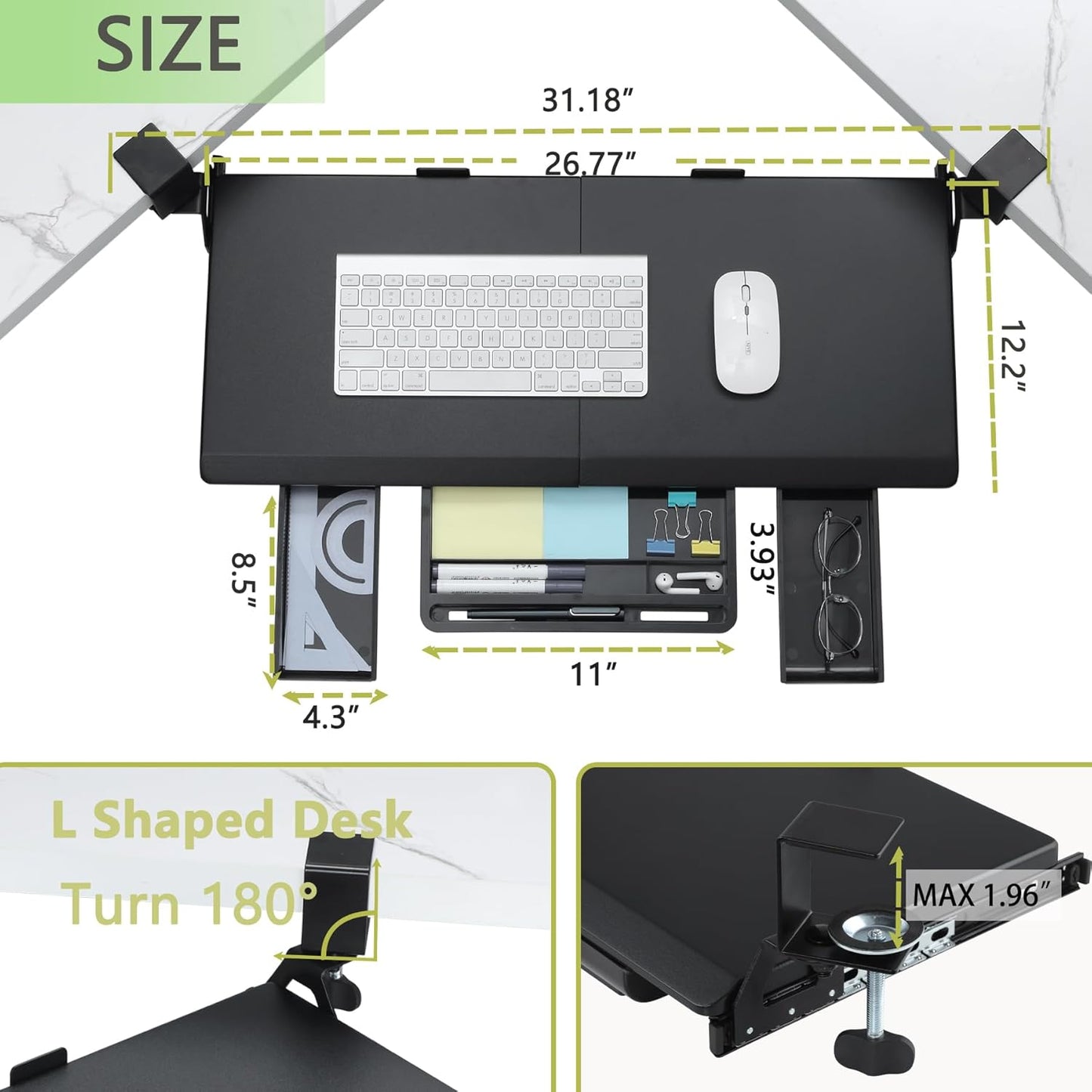 ETHU Keyboard Tray Under Desk, Ergonomic Corner Keyboard Tray with 180° Adjustable C Clamp for L Shape Desk 26.77" X 12.2" Easy to Install, Computer Keyboard Stand for Home and Office(Black)