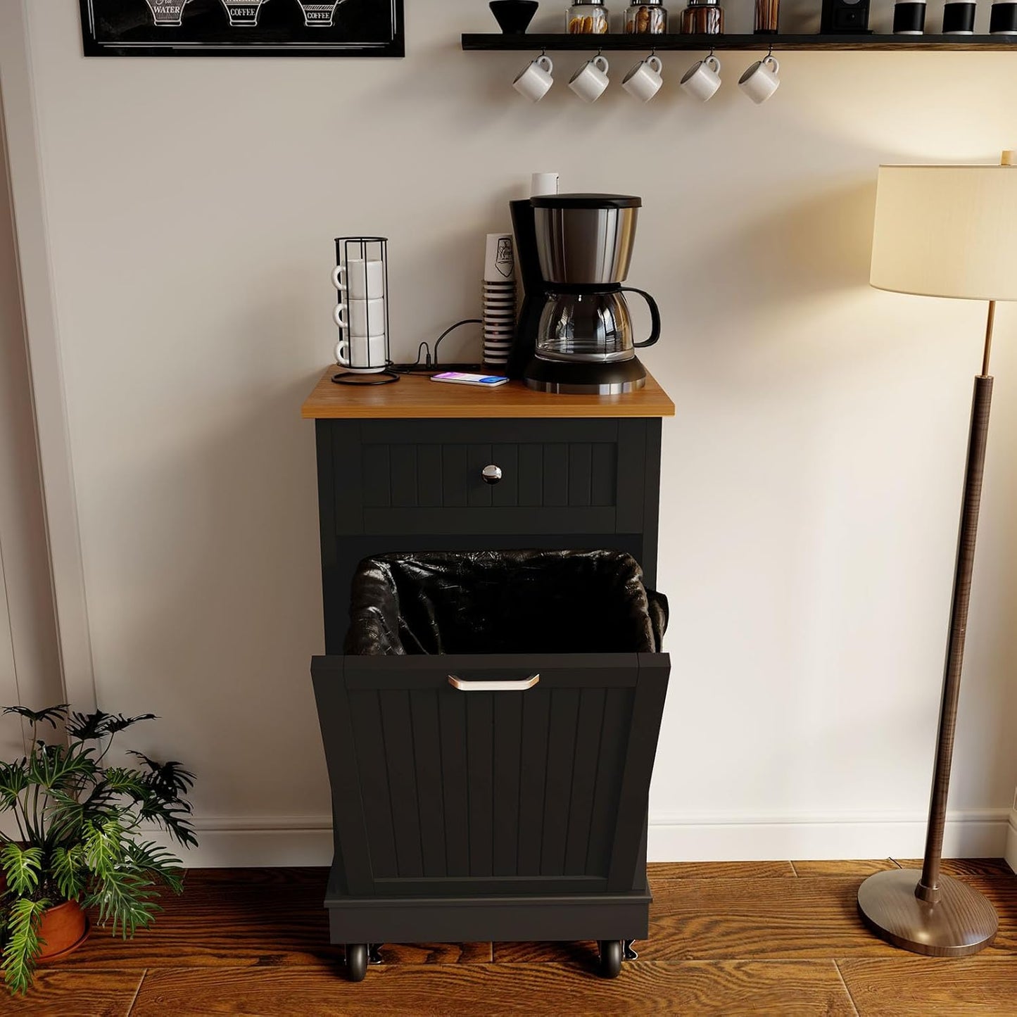 10 Gallon Tilt Out Trash Cabinet, Wooden Kitchen Trash Can Cabinet with Hideaway Drawer, Freestanding Laundry Hamper Garbage Recycling Cabinet on Wheels, Pet Proof, Single, Black