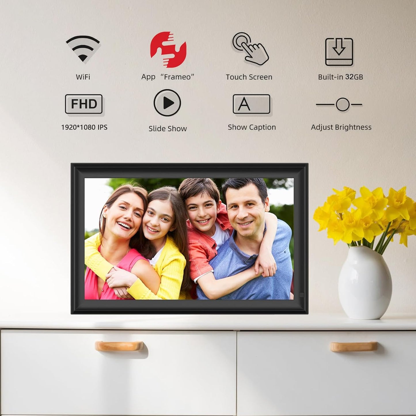 FRAMEO 15.6 inch Digital Picture Frame,Large WiFi Photo Frame 32GB,FHD IPS Touch Screen, Wall-Mounted,Share Photo/Video, Living Room Elderly Parents Birthday
