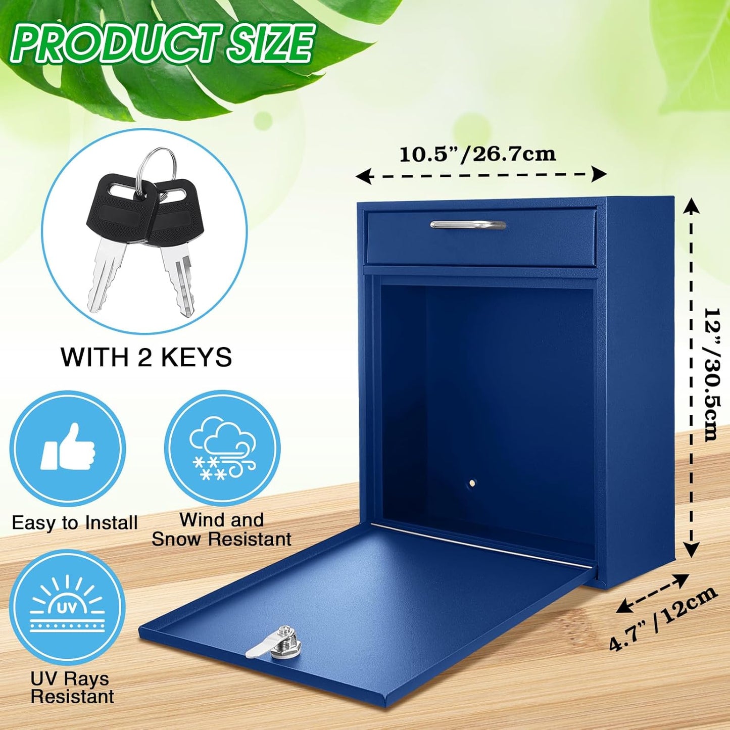 Locking Mailbox with Key for Outdoor 12 x 10.5 x 4.7 Inches Large Wall Mount Mail Box with Lock Security Mail Drop Metal Collection Boxes Hanging Secure Postbox(Dark Blue)
