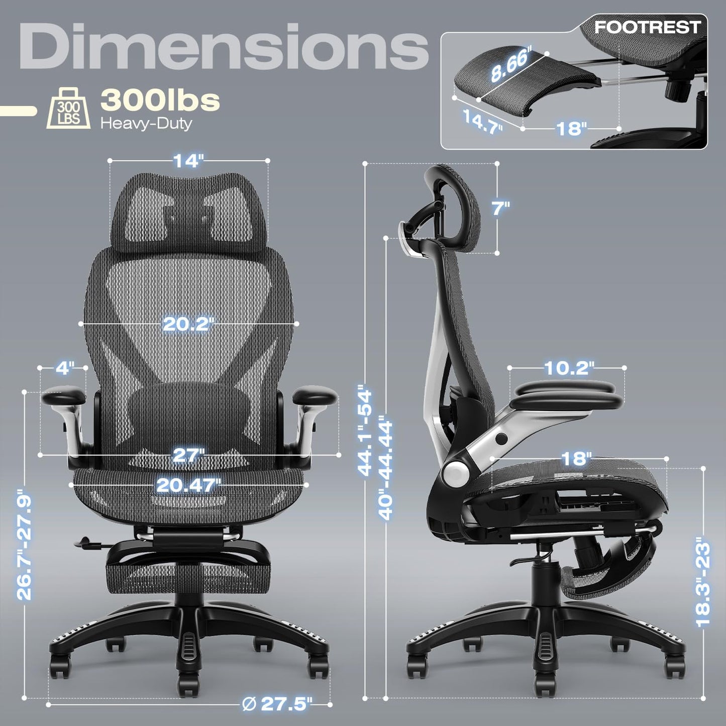 ELABEST X100 Ergonomic Office Chair with Footrest, Big and Tall Home Desk Chair with 5D Flip-Up Arms, Adjustable 3D Lumbar Support,High Back Rolling Computer Chair, Swivel Mesh Chairs (Midnight Mist)