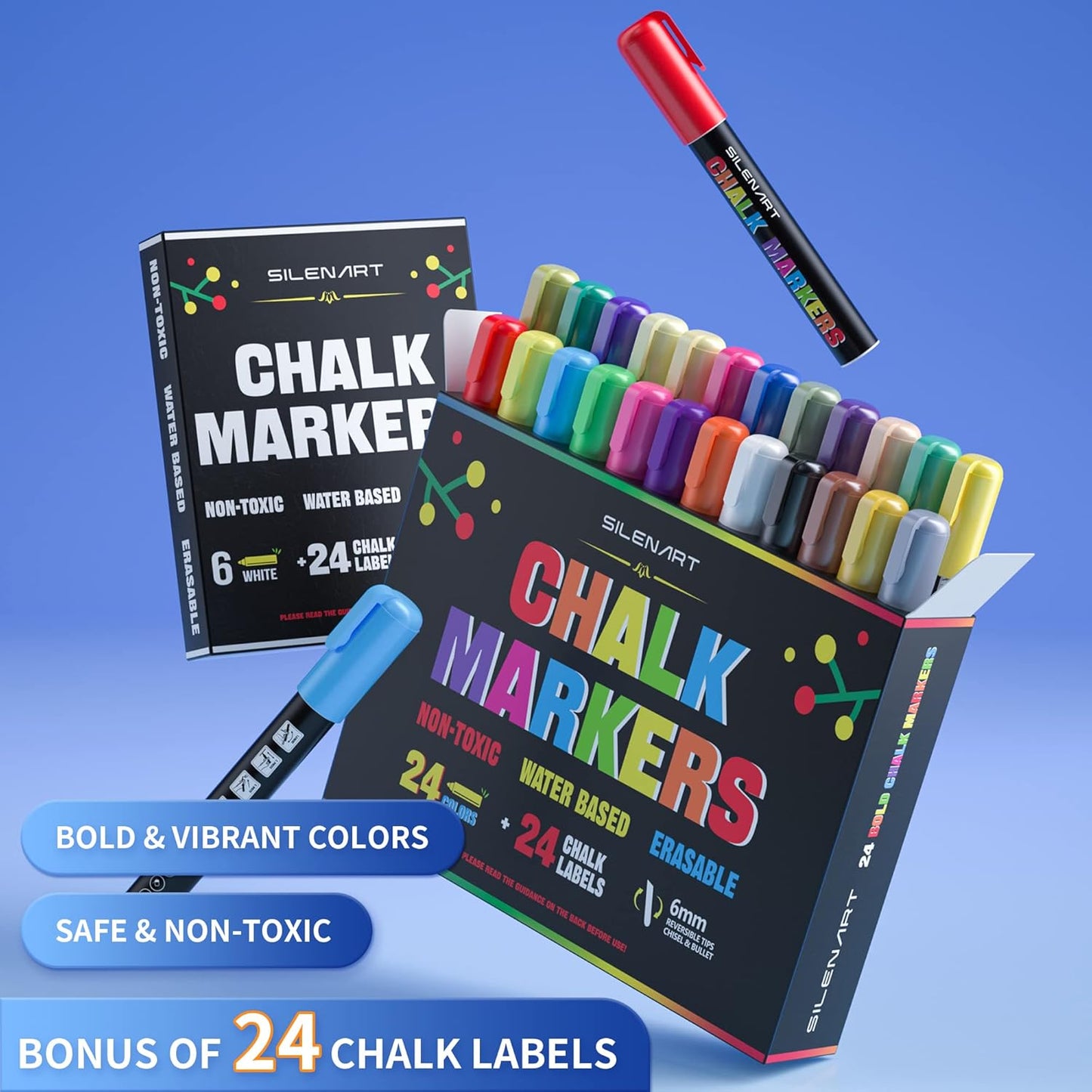 SILENART Chalk Markers for Blackboard - 24 Pack - 8 Neon & 8 Metallic & 8 Vintage Chalkboard Marker - Erasable Pen for Windows, Glass, Whiteboard and Dry Erase Board