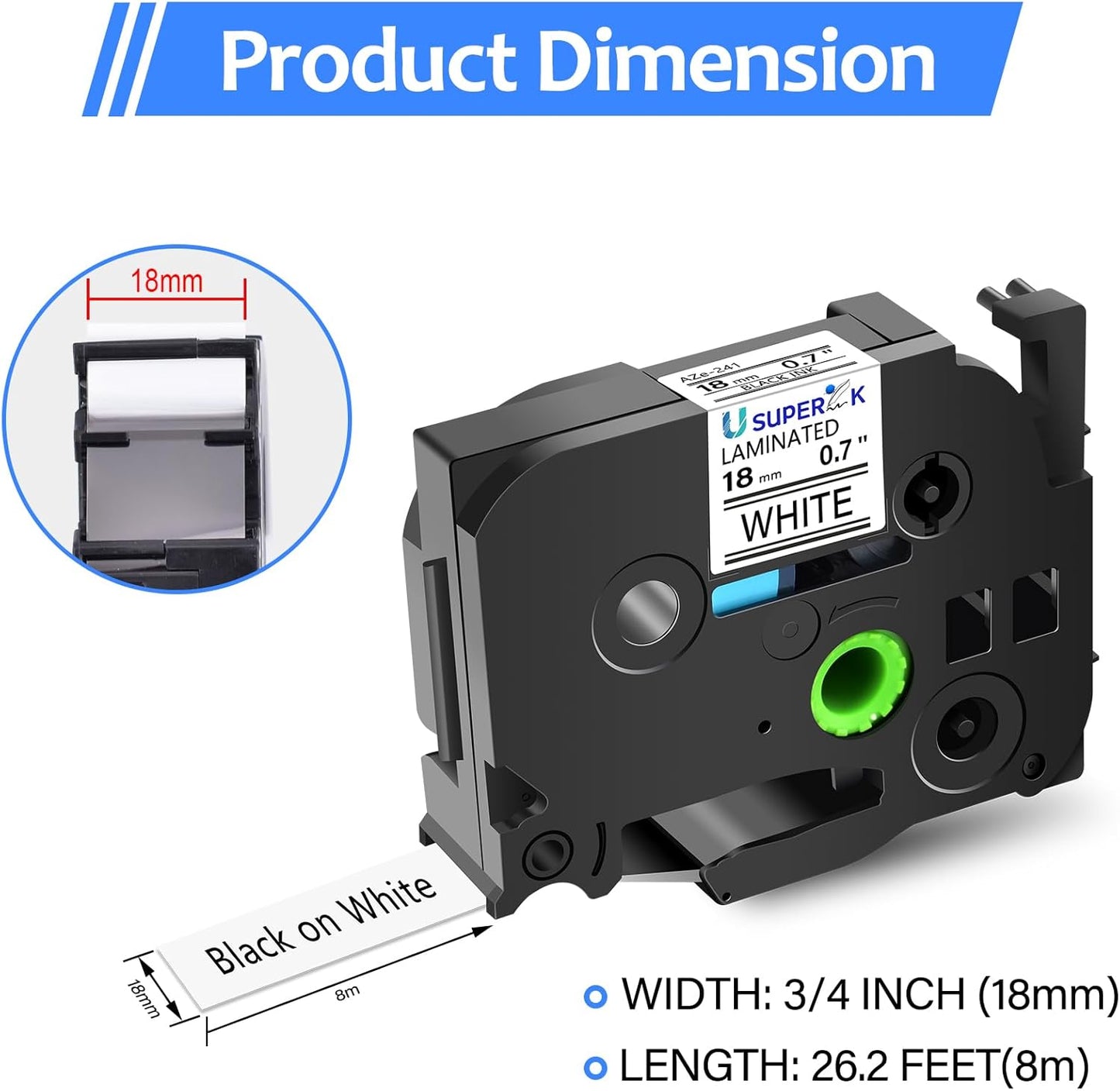 6PK 18mm 0.7'' Laminated White Tape Compatible for Brother P-Touch Label Maker Tape TZe-241 TZe TZ Label Tape TZ-241 TZe241 TZ241 Black on White for PT-D400 D410 D600 D610BT D460BT