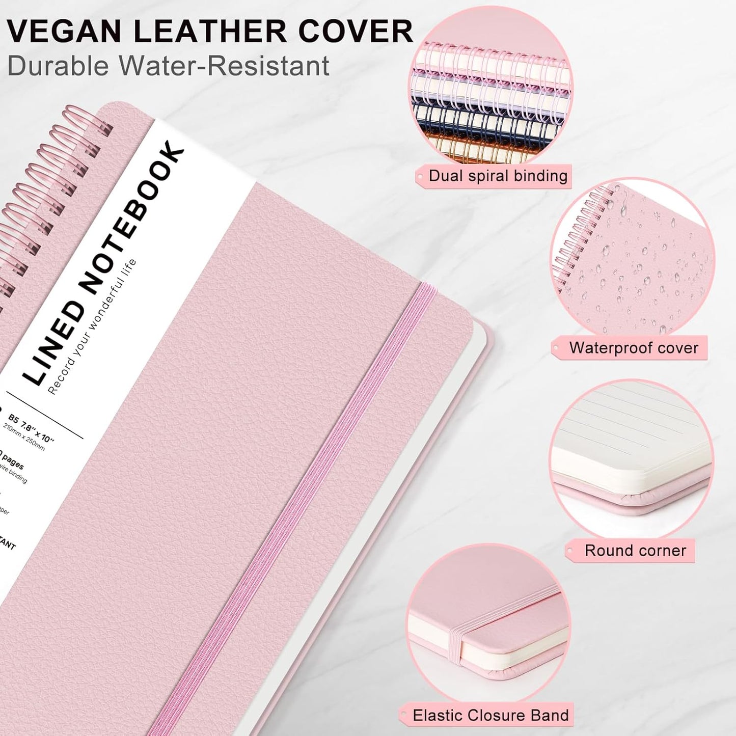 Lined Spiral Journal Notebook, B5 Hardcover Leather Notebook for Work, 7.8''×10'', 100GSM Thick Paper Spiral Bound Journaling Notebooks for Women & Men Office School Note Taking Business, Pink