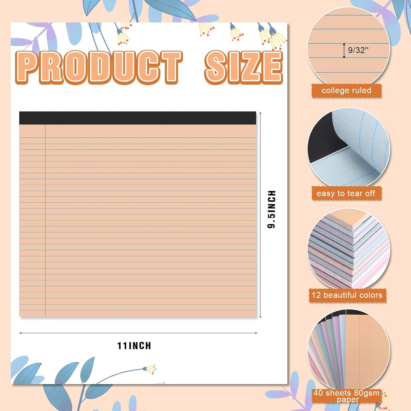 Lincia 12 Pcs 11" x 9.5" Legal Pads College Ruled Notepad Landscape Notebook Horizontal Lined Notebook 80 Gsm Assorted Colors Paper Pastel Writing Pads for School Office, 40 Sheet (Vintage Color)
