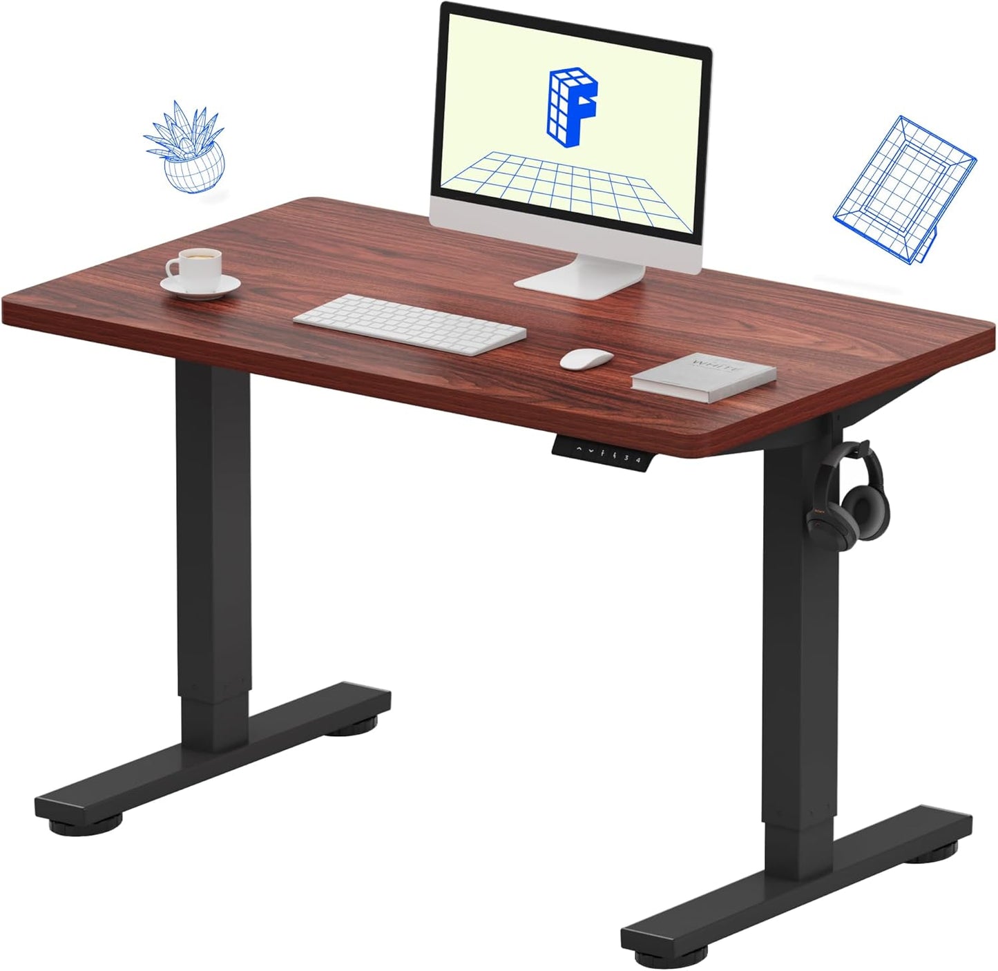 FLEXISPOT EN1 Whole-Piece Standing Desk 40x24 Electric Adjustable Height Small Heavy Duty Steel Stand Up (Black Frame + Mahogany Top, 2 Packages)