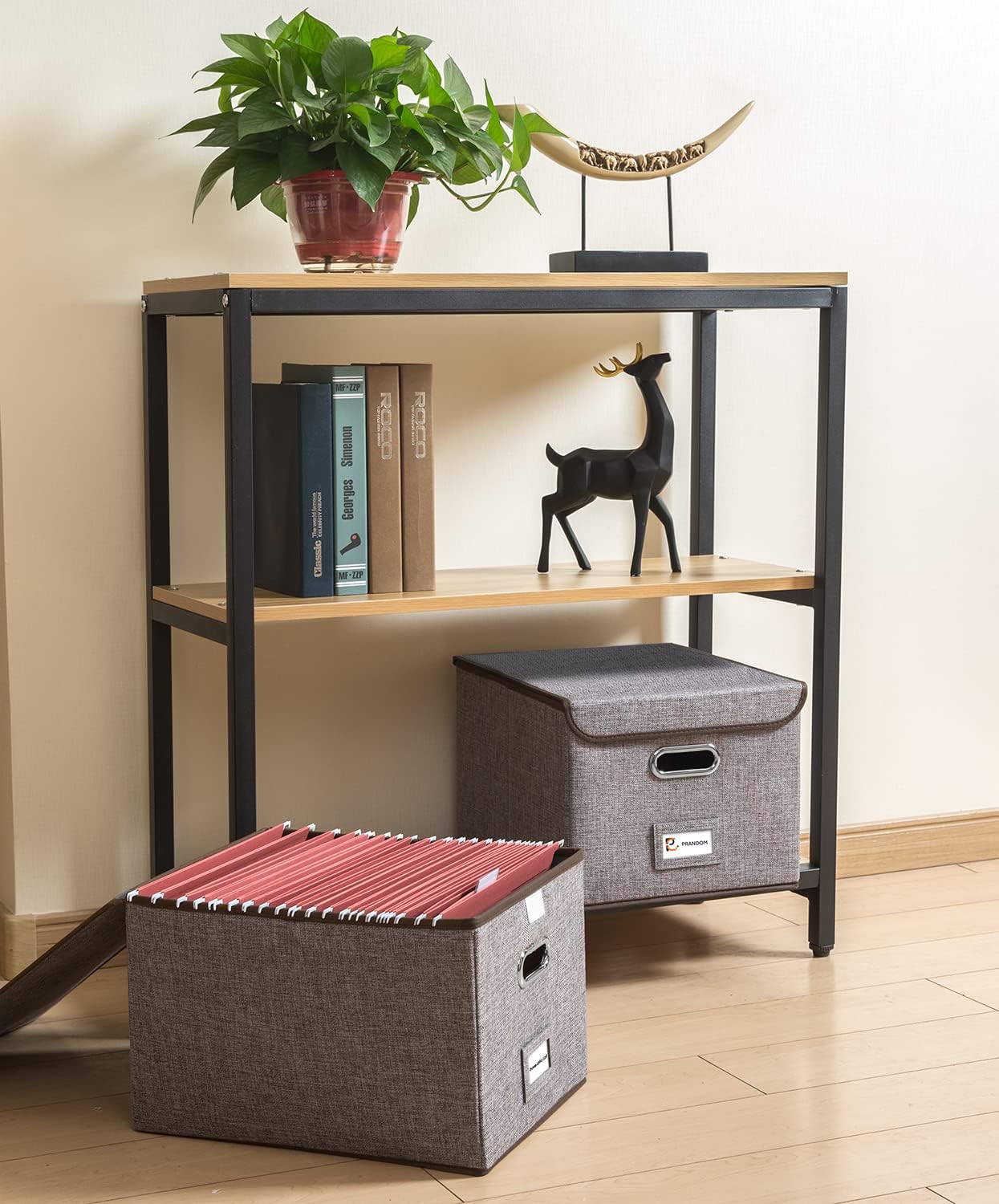PRANDOM File Organizer Box - Set of 2 Collapsible Decorative Linen Filing Storage Hanging File Folders with Lids Office Cabinet Letter Size (15x12.2x10.75 inch)