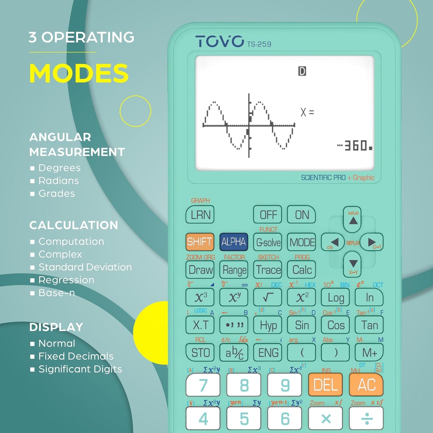 TOVO Scientific Calculator with Graphing Functions, Multiple Modes, 360 Functions, Large Screen, Intuitive Interface for Beginners, High School & Advanced Courses, TS-259 (Developed by CATIGA)