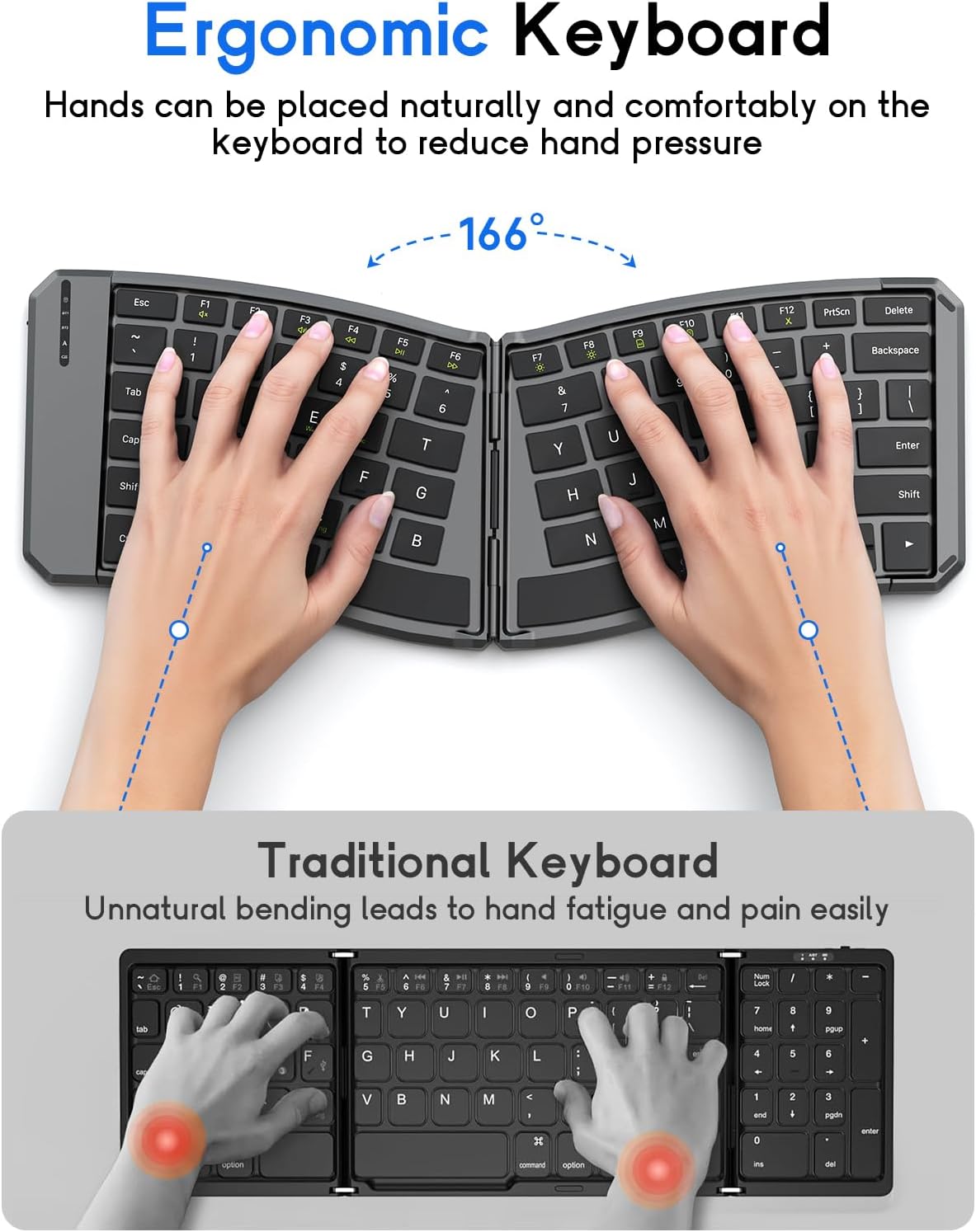 MoKo Ergonomic Foldable Keyboard, Split Portable Folding Bluetooth Keyboard for Business Travel, Ultra Slim Rechargeable Wireless Keyboards for iOS/Android/Windows Tablet PC Smartphone