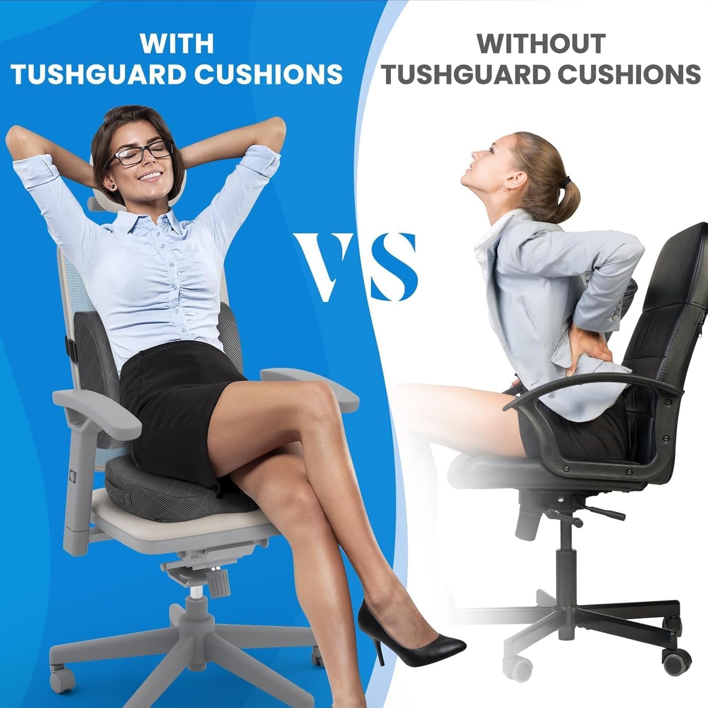TushGuard Office Chair Cushions with Handles, Back&Seat Cushion, Sciatica & Back Coccyx Tailbone Discomfort Easing Chair Pad, Memory Foam Lumbar Support Pillow for Gaming, Desk, Car (Grey, X-Large)