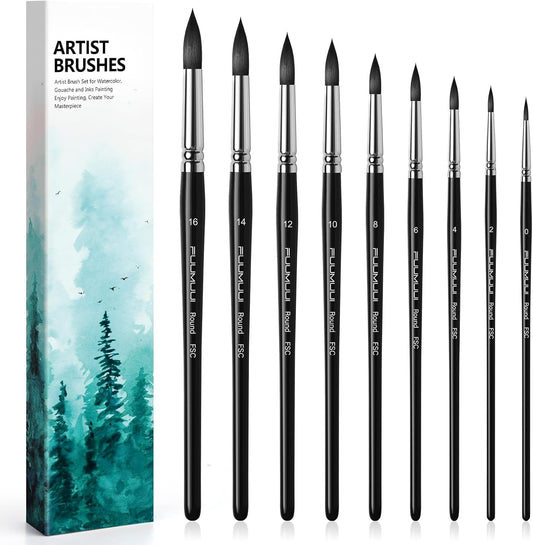 Watercolor Brushes Professional, Fuumuui 9Pcs Synthetic Squirrel Paint Brush Set for Adults Round Pointed Detail to Mop for Watercolor Gouache Acrylic Ink Painting