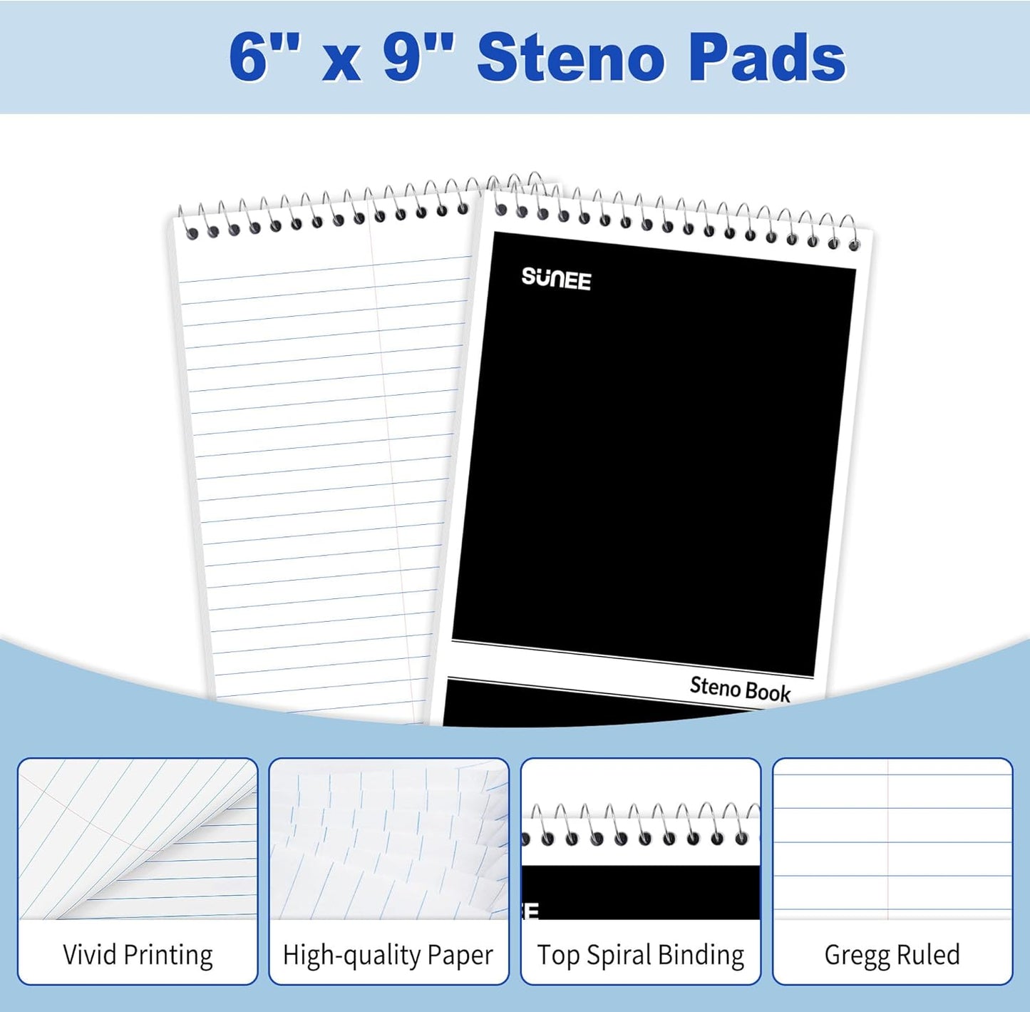 SUNEE 12 Pack Steno Pads 6x9, Gregg Rule, 60 Sheets, Spiral Notebook 6x9, White Paper, Take Notes with Top Spiral Notebook, for School, University, College, Work, Office, Black