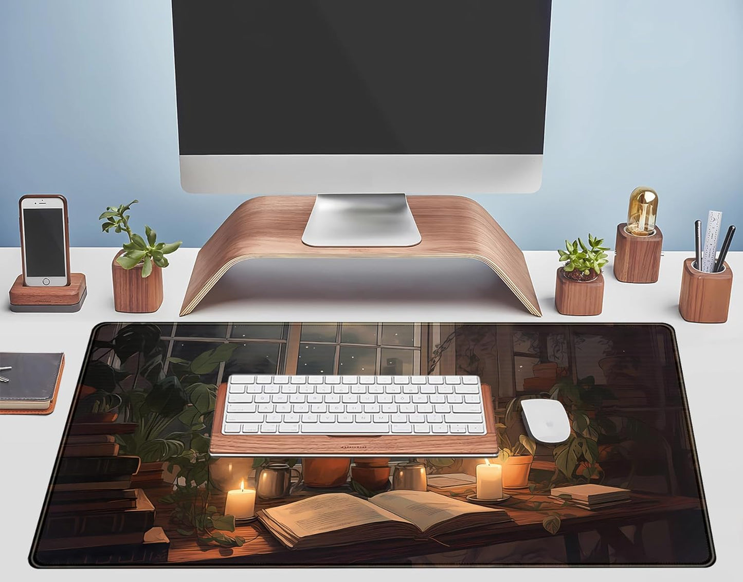 Cute Book Lover Desk Mat Dark Academia Mouse pad XXL Large Extended Mousepad Gaming Desk Pad with Stitched Edges, Cozy Lofi Deskmat Laptop Computer Keyboard and Mouse Mat Decor Pad, 31.5x15.7 in