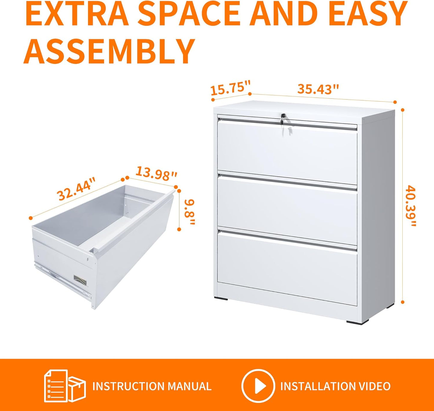 Locking Filing Cabinet with 3 Drawer Heavy Duty Large Metal Cabinet Home Office Lateral File Cabinets Wide Steel Cabinets for Legal/Letter Size File,Assembly Required