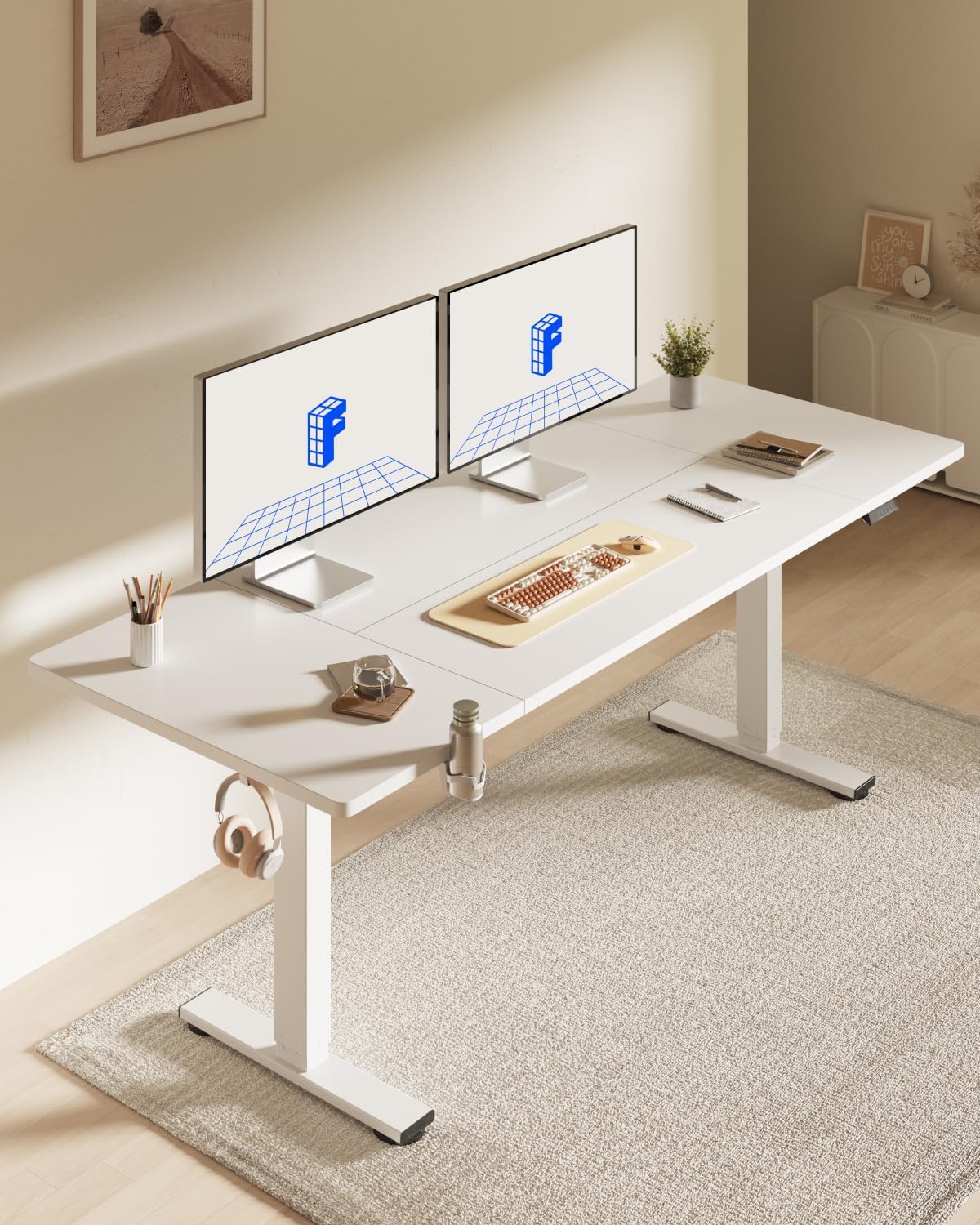 FLEXISPOT 63 x 32 Inch Large Standing Desk, Stand Up Desk with Splice Board, Rising Desks for Home Office, Office Desk with Cup Holder and Headphone Hook (White Frame + White Top, 2 Packages)