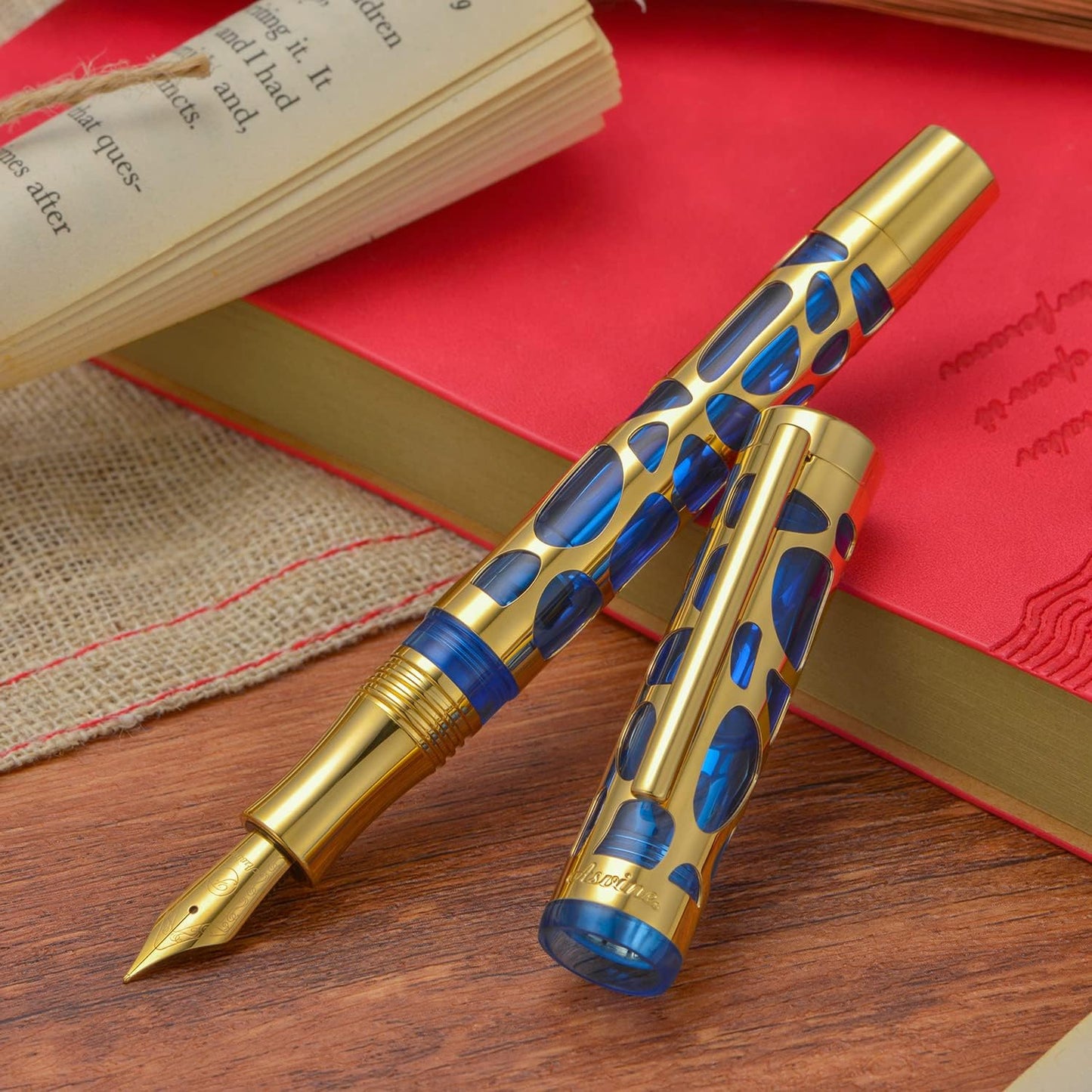 Asvine V169 Vacuum Filling Fountain Pen Extra Fine Nib, Water Drop Skeleton Gold Trim Transparent Blue Acrylic Pen Case Set