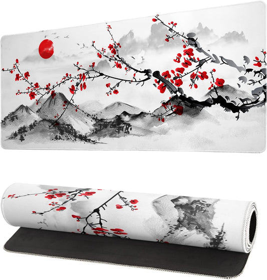 Japanese Cherry Blossom Gaming Mouse Pad 27.6x11.8 Inch Pink Full Desk Sakura Large Non-Slip Rubber Base Waterproof Big Keyboard Mat With Stitched Edges for Office
