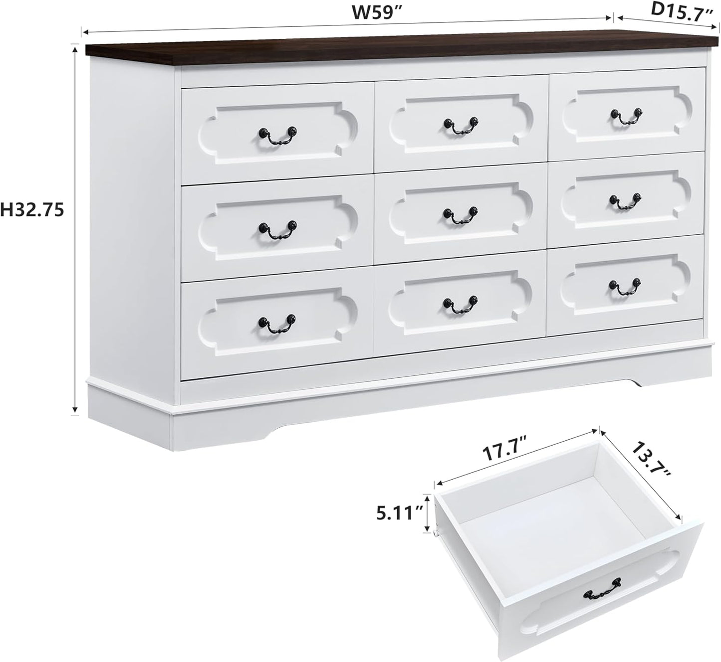 LIDYUK 9 Drawer Dresser for Bedroom Farmhouse WhiteTall Wood Chest of Drawers for Bedroom Dresser, Modern Rustic 59" Wide Drawers Dressers Wooden Closet and Storage Cabinet, Hallway, Living Room