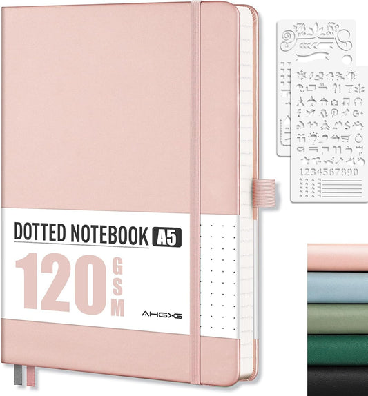 AHGXG Bullet Dotted Journal - Dot Grid Notebook Journal, 120 GSM Thick Acid-Free Paper, A5 Dotted Notebook 160 Pages, Leather Hardcover, Inner Pocket, Journal Stencil, 5.7'' × 8.3'' - Rose Gold