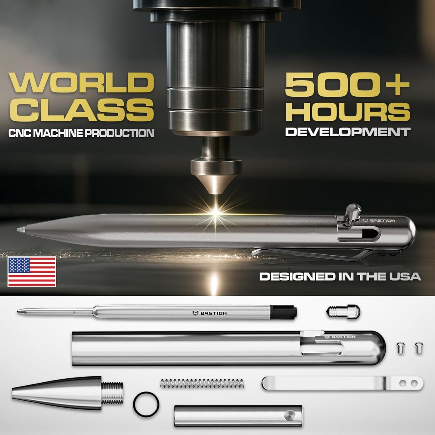 BASTION® Luxury Bolt Action Pen, Durable Professional Ballpoint Pen with Fine Tip, EDC Pen Ink Refillable Pen - 100% Titanium