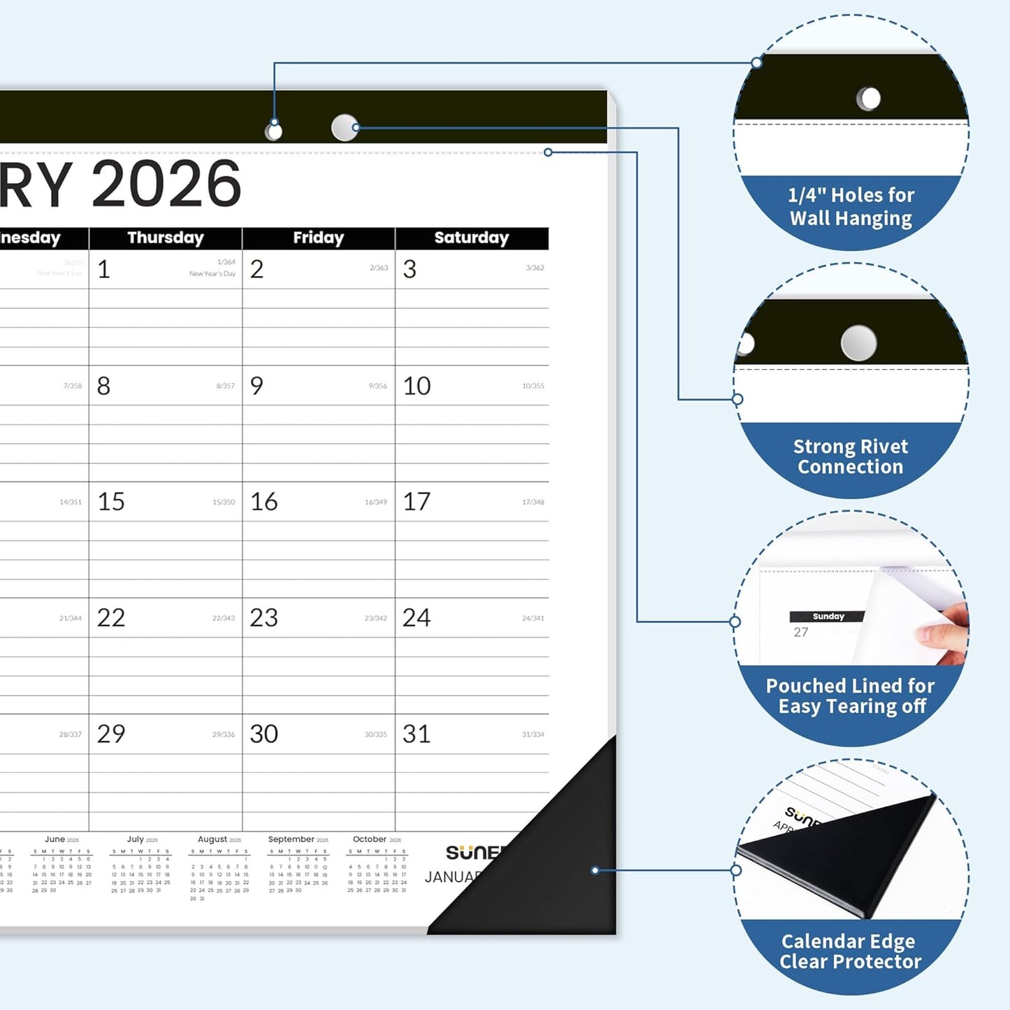 SUNEE Desk Calendar 2025-2026 17x12, 18 Months, JUL. 2025 - DEC. 2026, Academic Desk Blotter Calendar 2025-2026, School Year Large Calendar for Teacher, Black