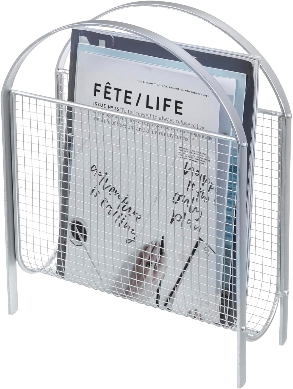 MyGift Mid-Century Design Magazine Rack, Matte Black Tone Metal Mesh Freestanding Magazine Organizer Holder Sling (Silver)