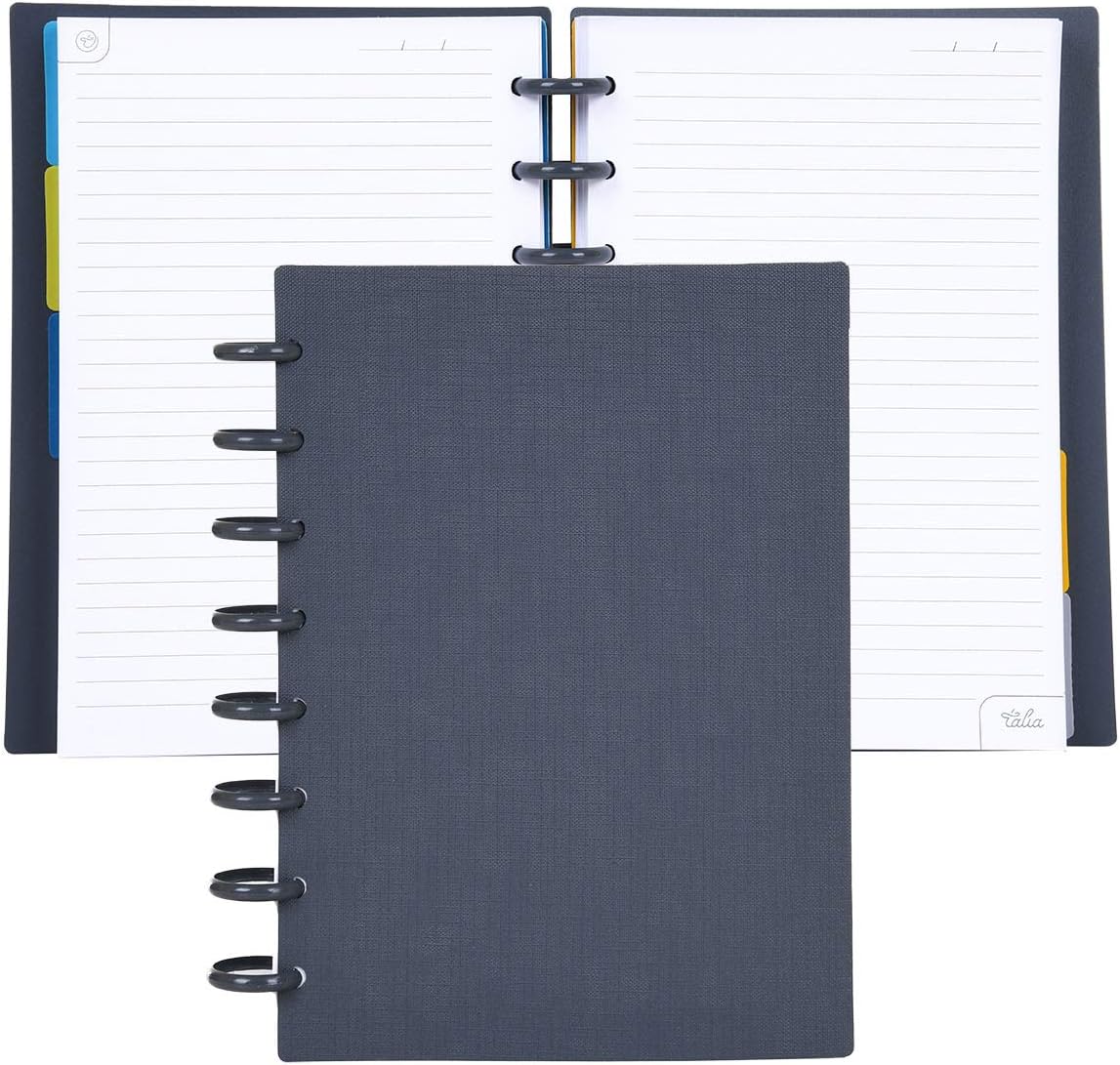 Talia Discbound Notebooks, Planner, Customizable, (Charcoal w/Charcoal Discs, Junior (5.5in x 8.5in))