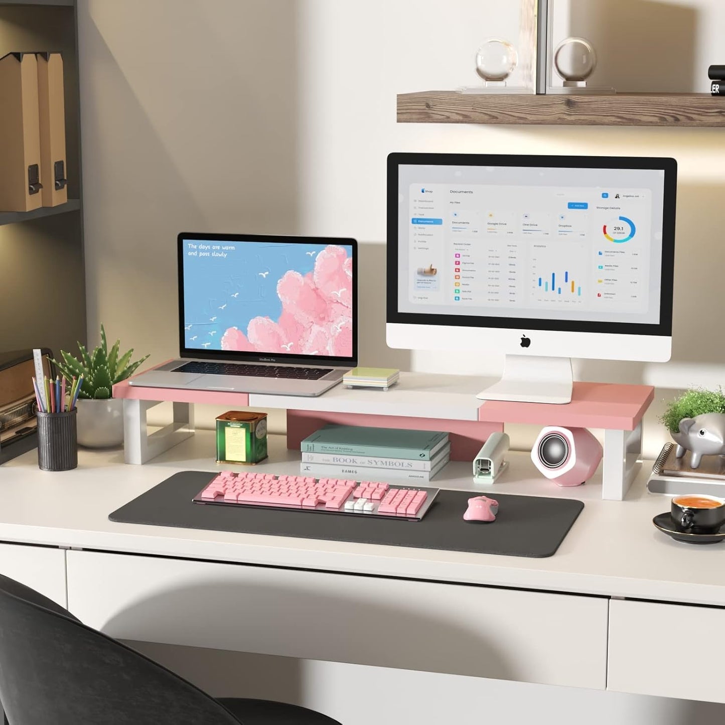 WESTREE Dual Monitor Stand Riser, Wood and Steel Monitor Stand Riser, Computer Monitor Stand for 2 Monitors, Multi-Purpose Desktop Storage Stand for Computer,Laptop,Printer,TV