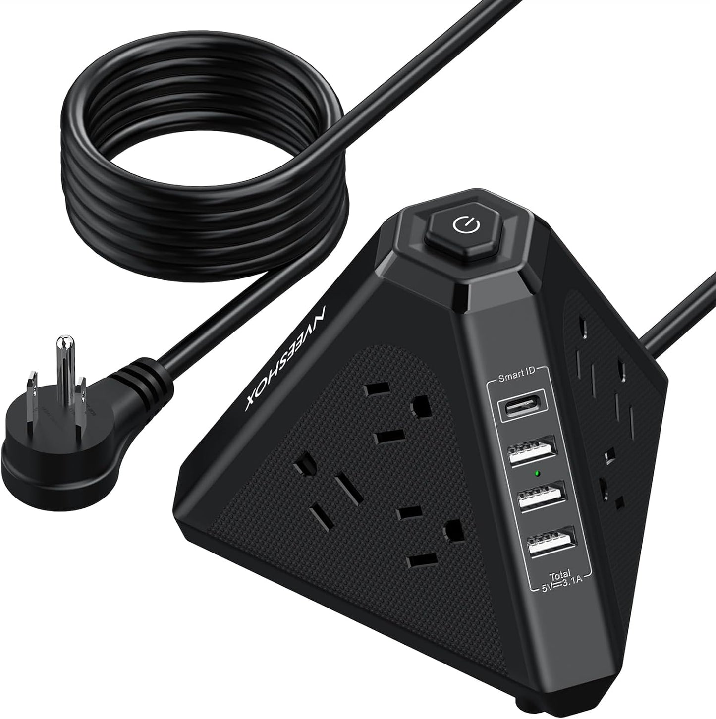 Tower Surge Protector Power Strip, NVEESHOX 9 AC Outlets with 4 USB Ports (1 USB C) 3-Side Triangle Outlets with USB Ports,6.5 Ft,Flat Plug, Charging Station with Surge Protection (Black+6.5 FT)