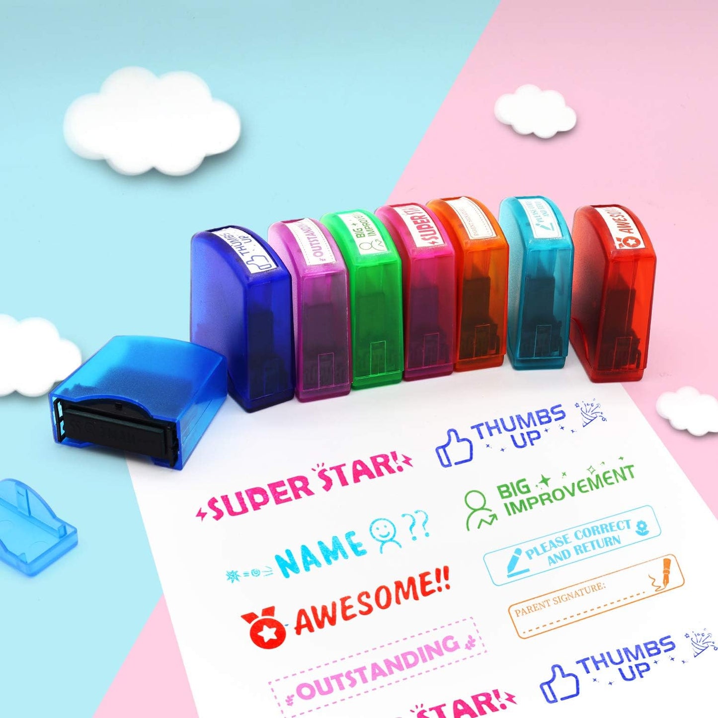 RELIANCER 8PCS Teacher Stamp Set,Colorful Self-Inking Motivational Classroom Stamper for Grading,Encouraging Rating Stamp Student,Parent Signature Stamps for Homework,School Homeschool Reward Supplies