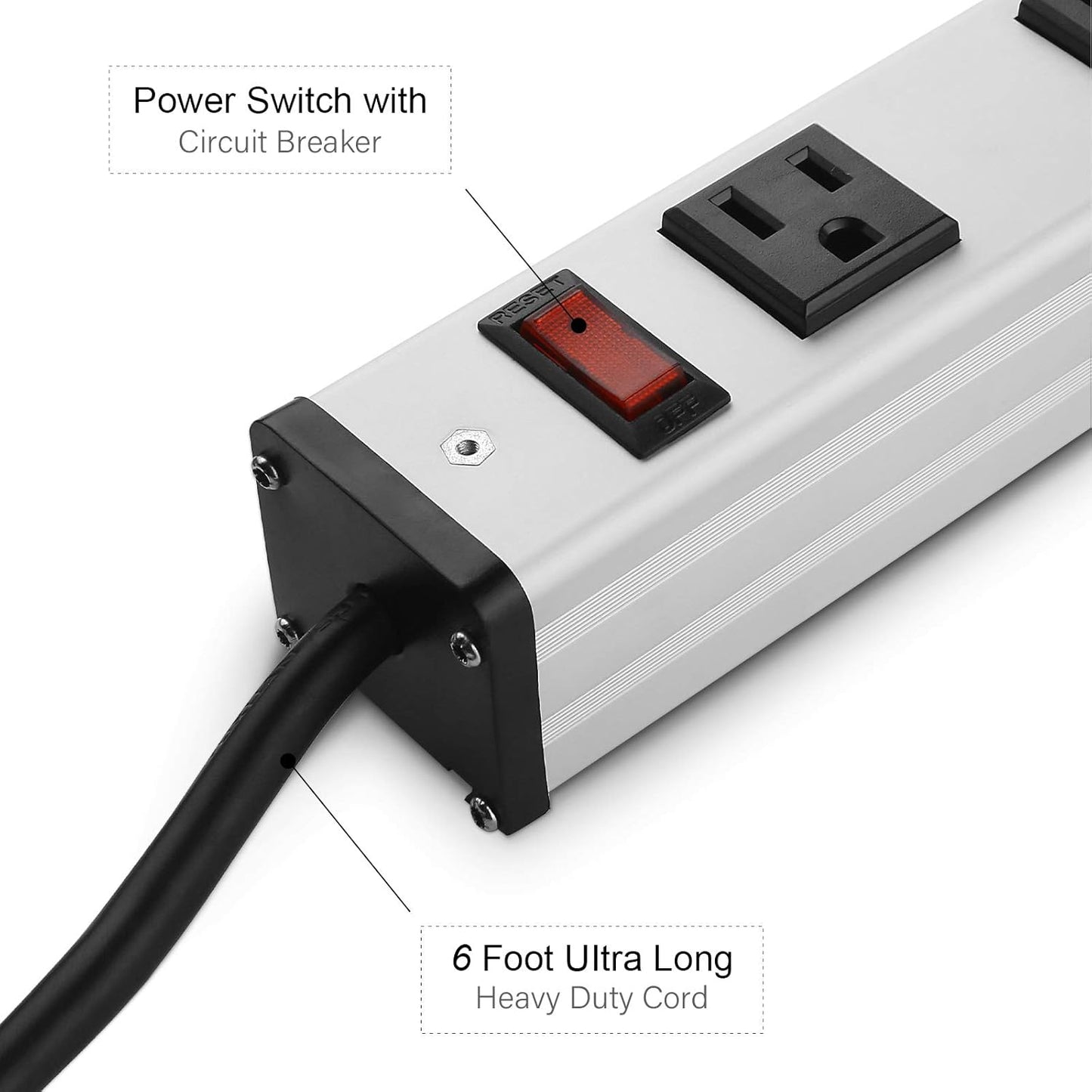 Long Heavy Duty Power Strip, 16 Outlet Large Metal Power Strip, Garage Workshop Multi Wide Industrial Power Strip. 6FT Cord 15A, 125V, 1875W (Sliver)