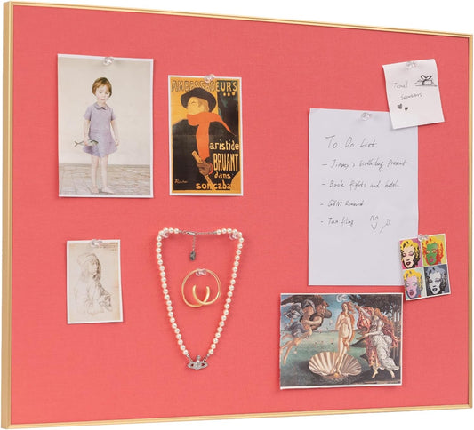 Bulletin Board 23.6 x 17.7 inches, Coral Red Pin Board, Golden Aluminum Framed Fabric Cork Board with 10 Push Pins