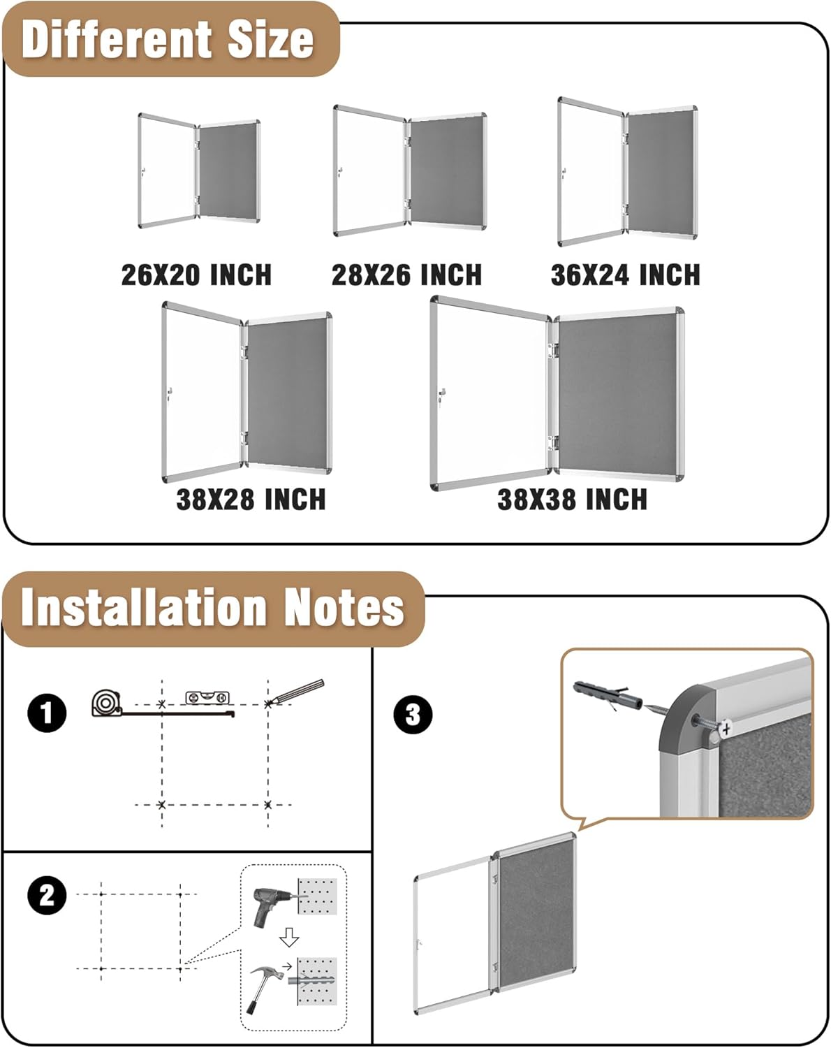 36"x24" Enclosed Bulletin Board, Lockable Weather-Resistant Aluminum Cork Noticeboard for School & Office, Silver Frame w/Grey Flet