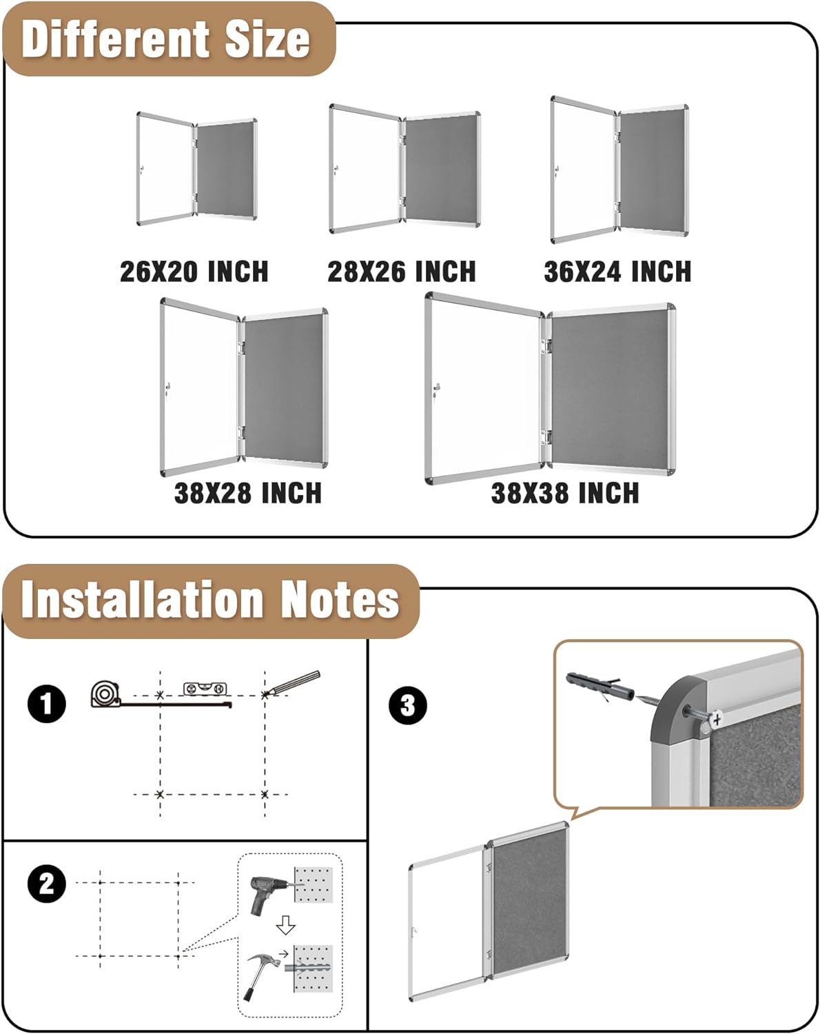 26"x20" Enclosed Bulletin Board, Lockable Weather-Resistant Aluminum Cork Noticeboard for School & Office, Silver Frame w/Grey Flet