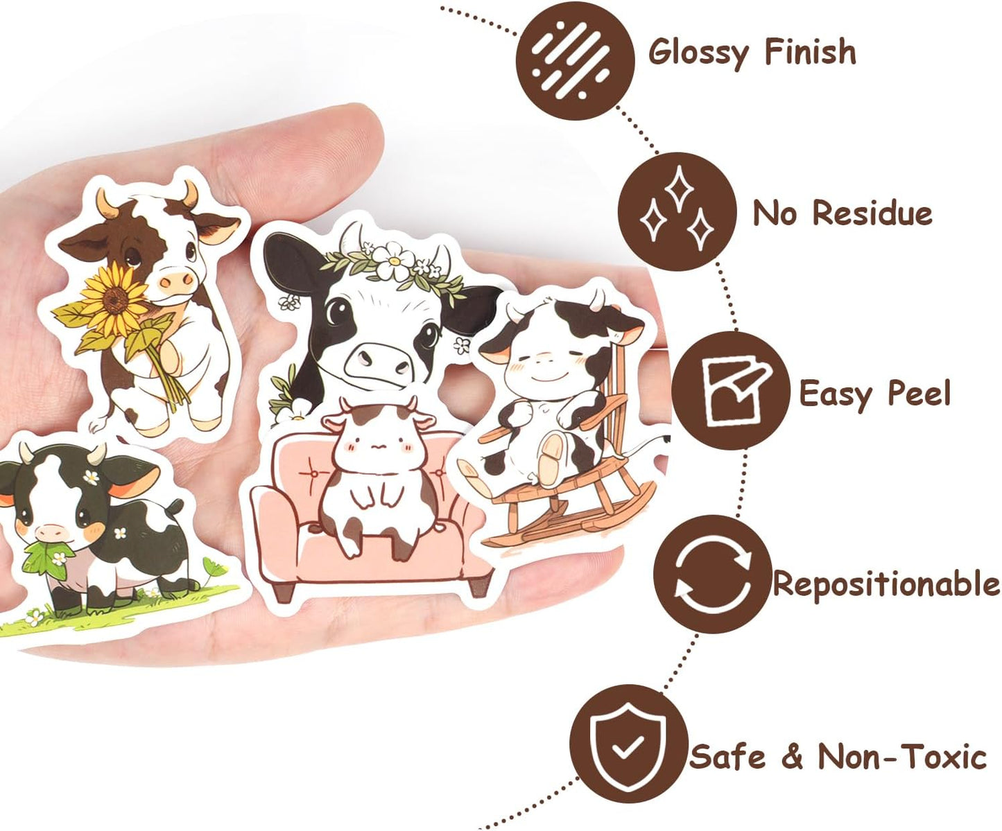 Aowplc 50 PCS Cow Stickers - Cute Cow Stuff & Gifts - Waterproof Vinyl Decals for Water Bottles, Laptop