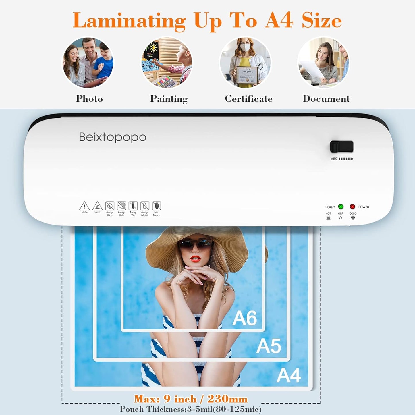 Laminator Machine, 9 Inch Thermal Laminater, Beixtopopo A4/A5/A6 Personal Laminator Machine with Laminating Sheets, 6 in 1 Heating Laminate Machine for Home School Office, Silent