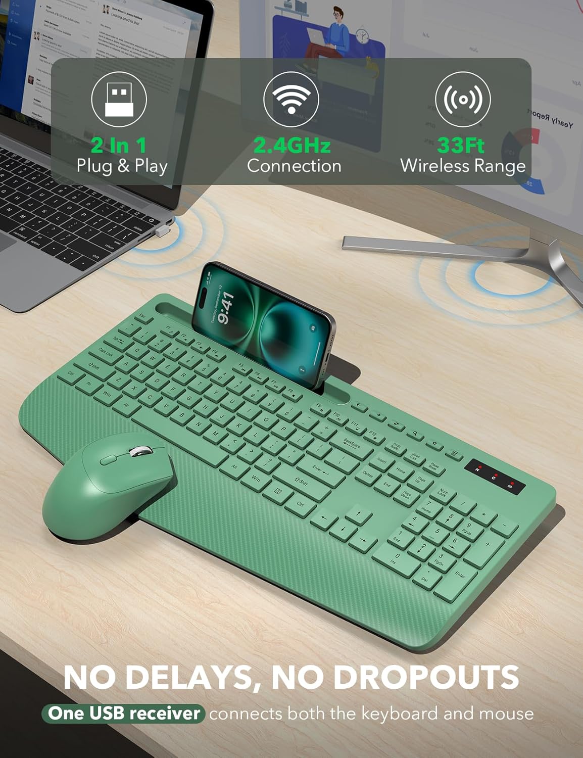 Wireless Keyboard and Mouse Combo - Full-Sized Ergonomic Keyboards with Wrist Rest, Phone Holder, Sleep Mode, Silent 2.4GHz Cordless Combo for Computer, Laptop, PC, Mac, Windows -Trueque