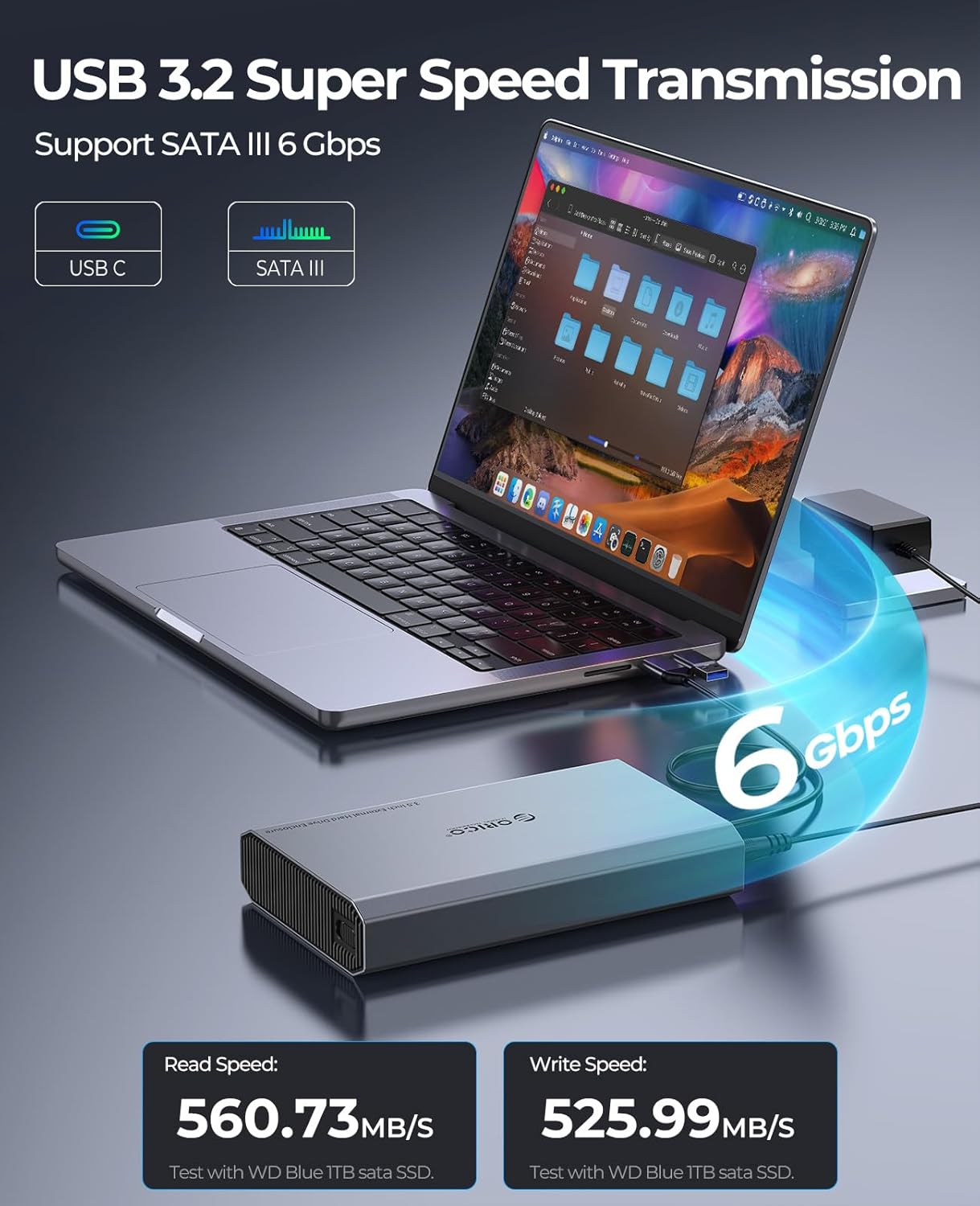 ORICO Aluminum 3.5 Hard Drive Enclosure with USB 3.2 Gen 2 6Gbps Transfer Speed, Fit for 3.5/2.5 Inch SATA HDD SSD Up to 20TB, USB C to USB C/A 2 in 1 Cable Compatible with MacBook Windows(DD35-C3)