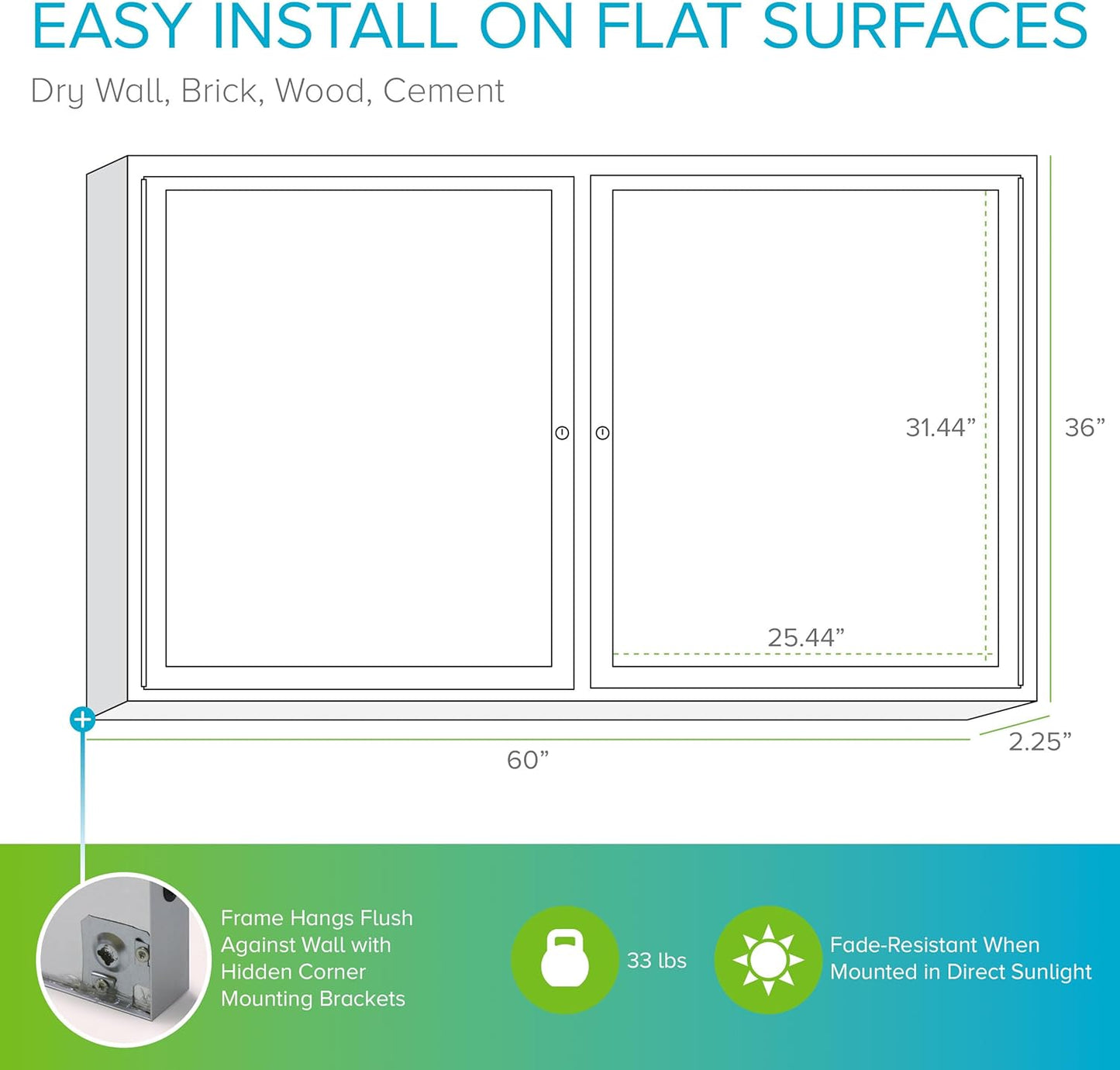 Ghent 36"x60" 2-Door indoor Enclosed Recycled Rubber Bulletin Board, Shatter Resistant, with Lock, Satin Aluminum Frame,Black (PA23660TR-BK) ,Made in the USA